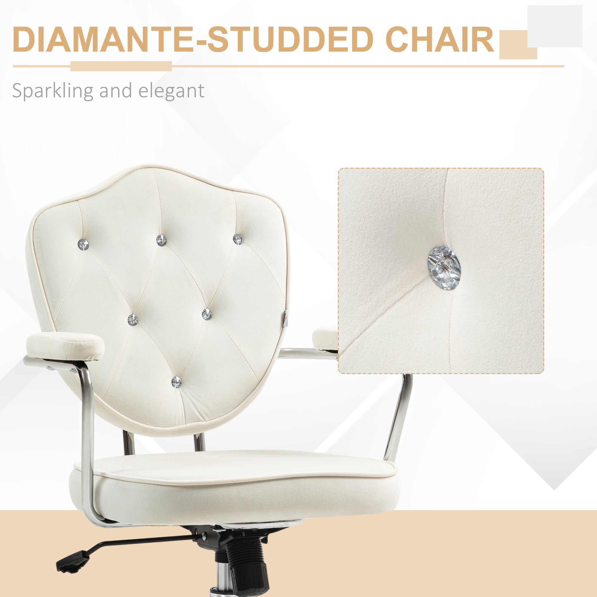 Velvet Office Chair, Button-Tufted Swivel Desk Seat with Padded Arms, Cream White