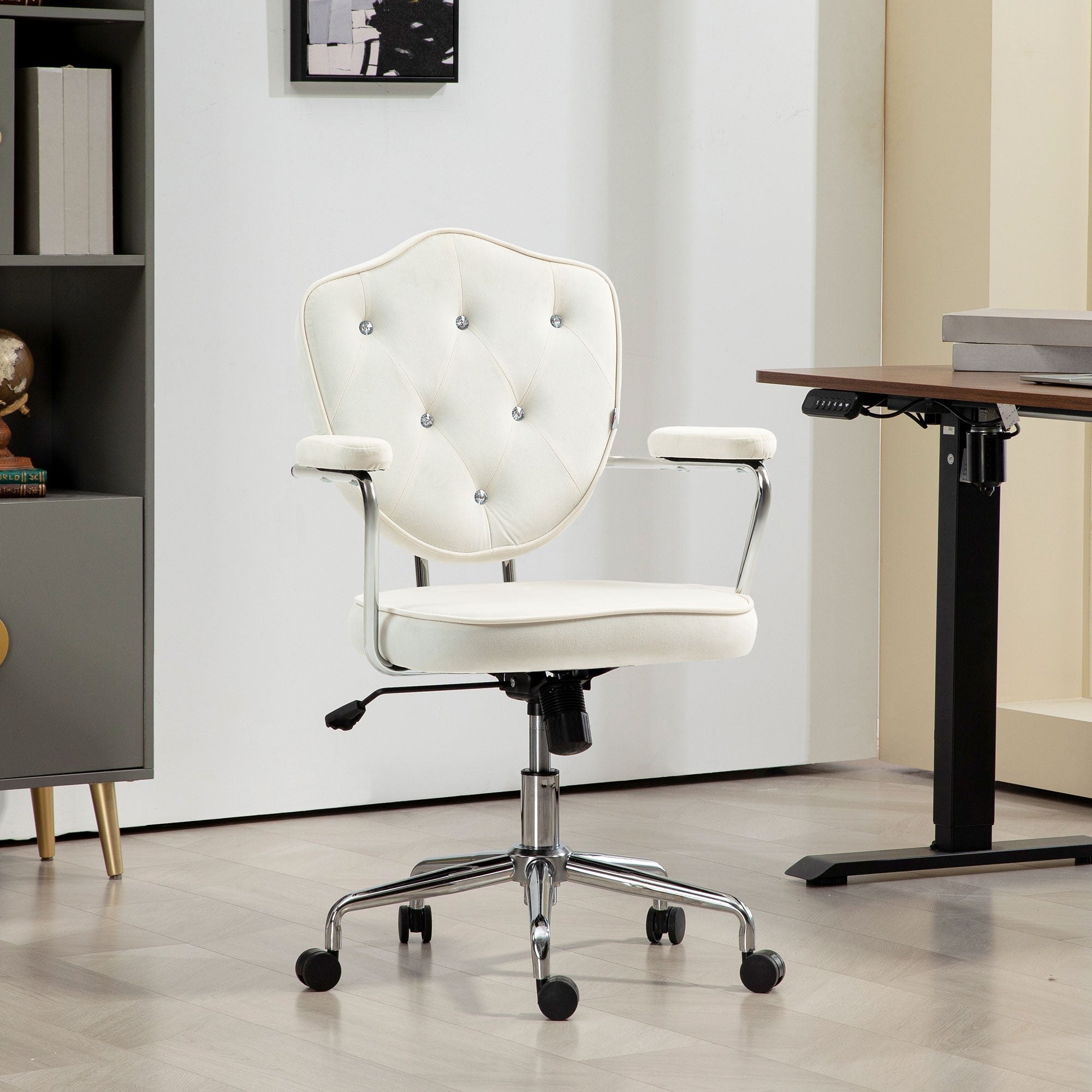 Velvet Office Chair, Button-Tufted Swivel Desk Seat with Padded Arms, Cream White