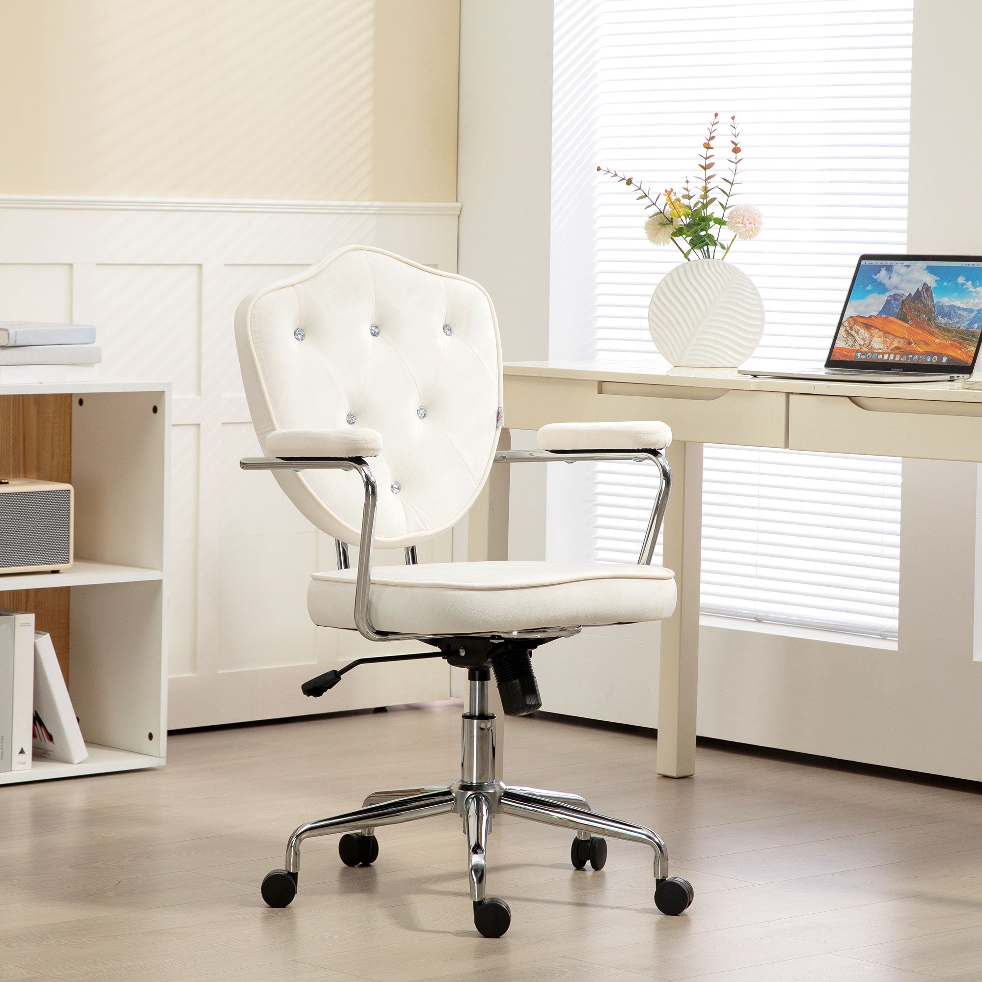 Velvet Office Chair, Button-Tufted Swivel Desk Seat with Padded Arms, Cream White