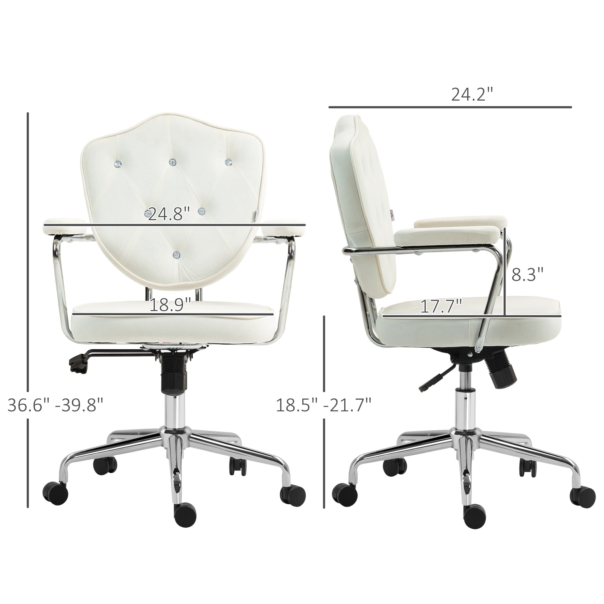 Velvet Office Chair, Button-Tufted Swivel Desk Seat with Padded Arms, Cream White