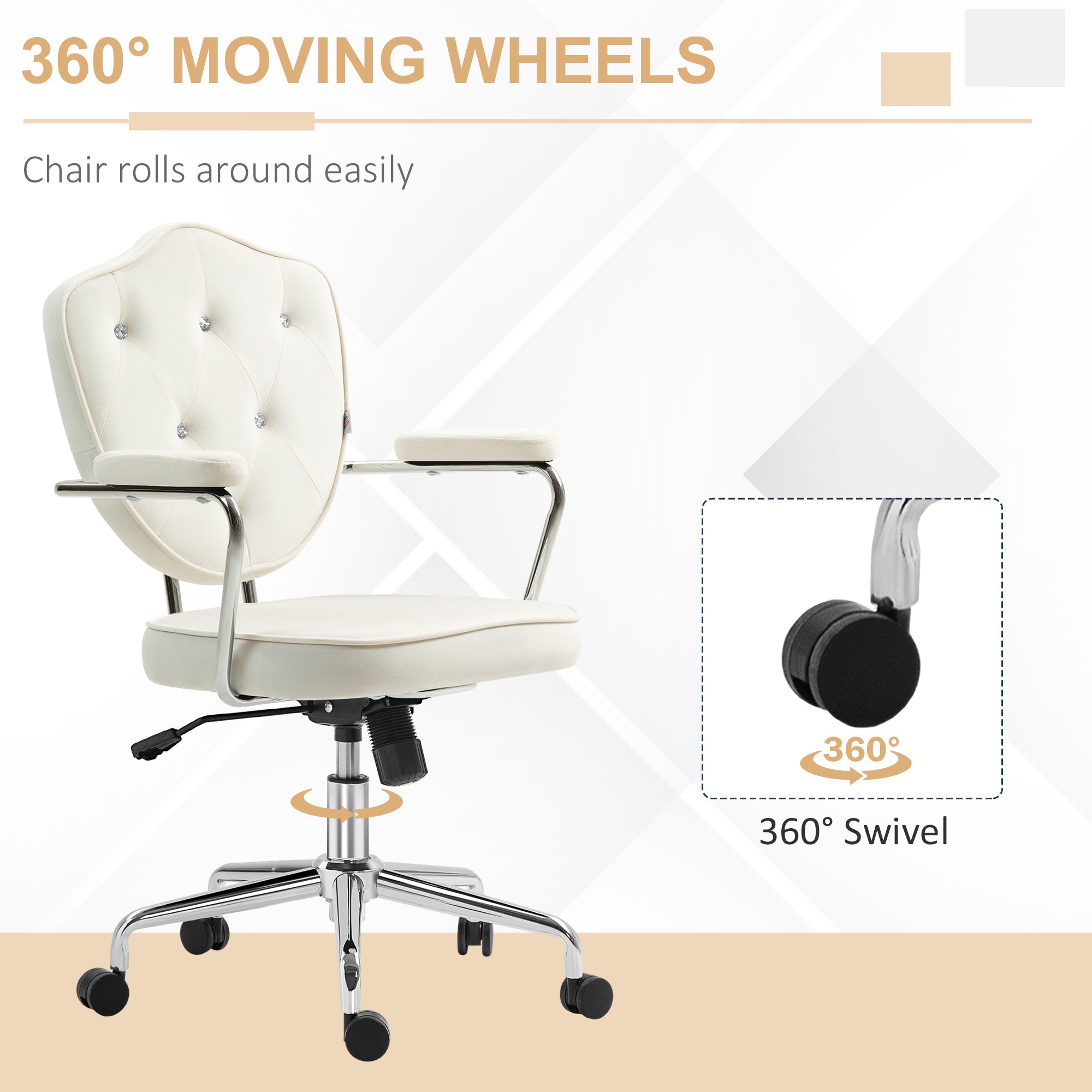 Velvet Office Chair, Button-Tufted Swivel Desk Seat with Padded Arms, Cream White