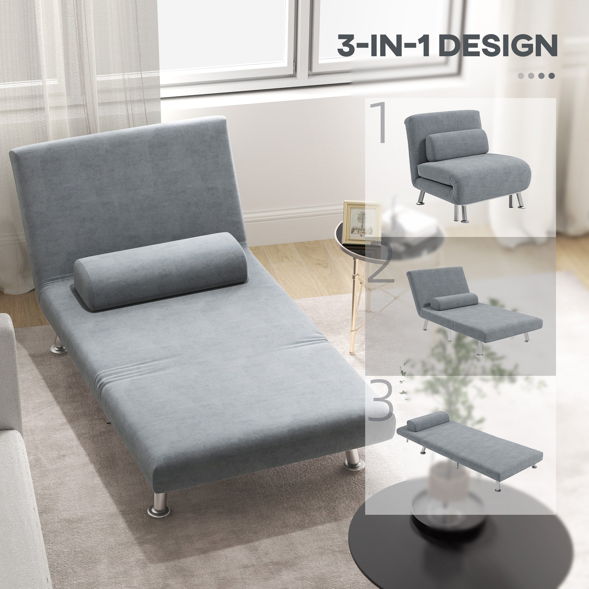 HOMCOM Velvet Single Chair Bed, 3-in-1 Convertible Sleeper Chair with Adjustable Backrest, Pillow, for Living Room, Bedroom, Grey