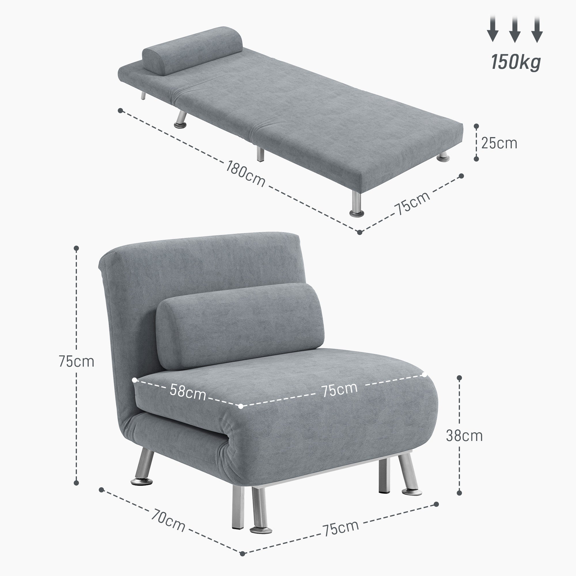 HOMCOM Velvet Single Chair Bed, 3-in-1 Convertible Sleeper Chair with Adjustable Backrest, Pillow, for Living Room, Bedroom, Grey