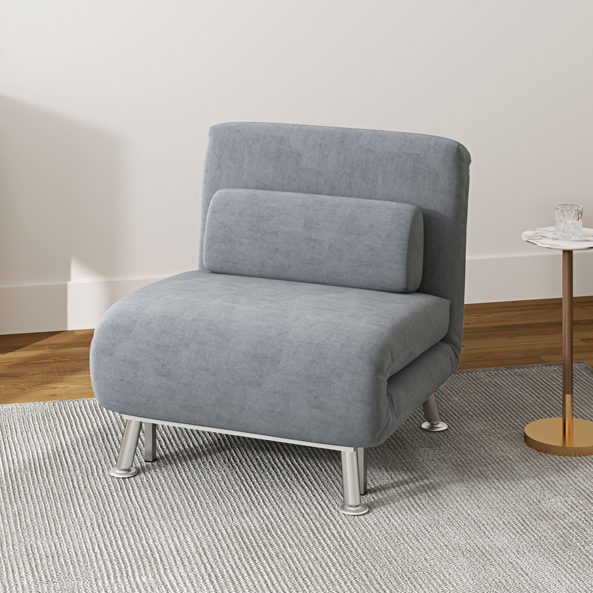 HOMCOM Velvet Single Chair Bed, 3-in-1 Convertible Sleeper Chair with Adjustable Backrest, Pillow, for Living Room, Bedroom, Grey