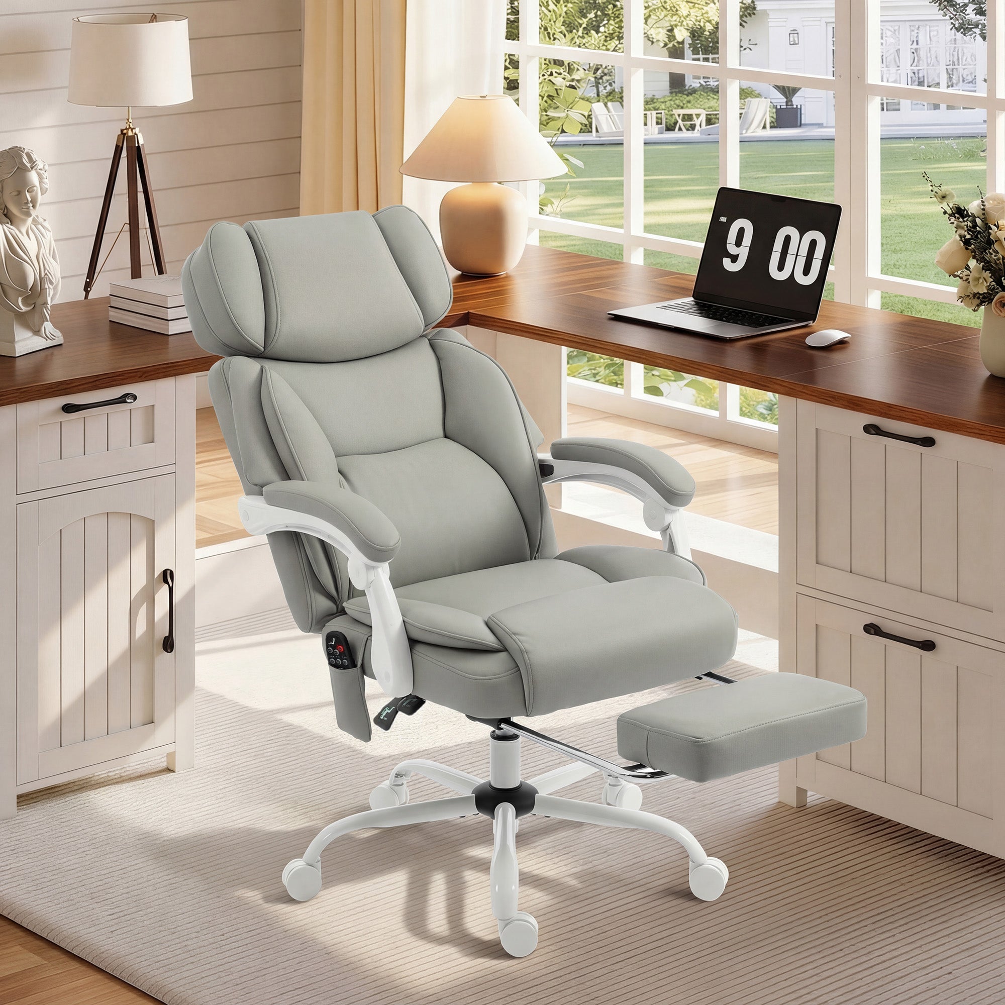 High Back Vibration Massage Office Chair, Heated Reclining PU Leather Computer Chair with Headrest, Footrest, Padded Armrests, Adjustable Height, Swivel Wheels, Remote, Light Gray