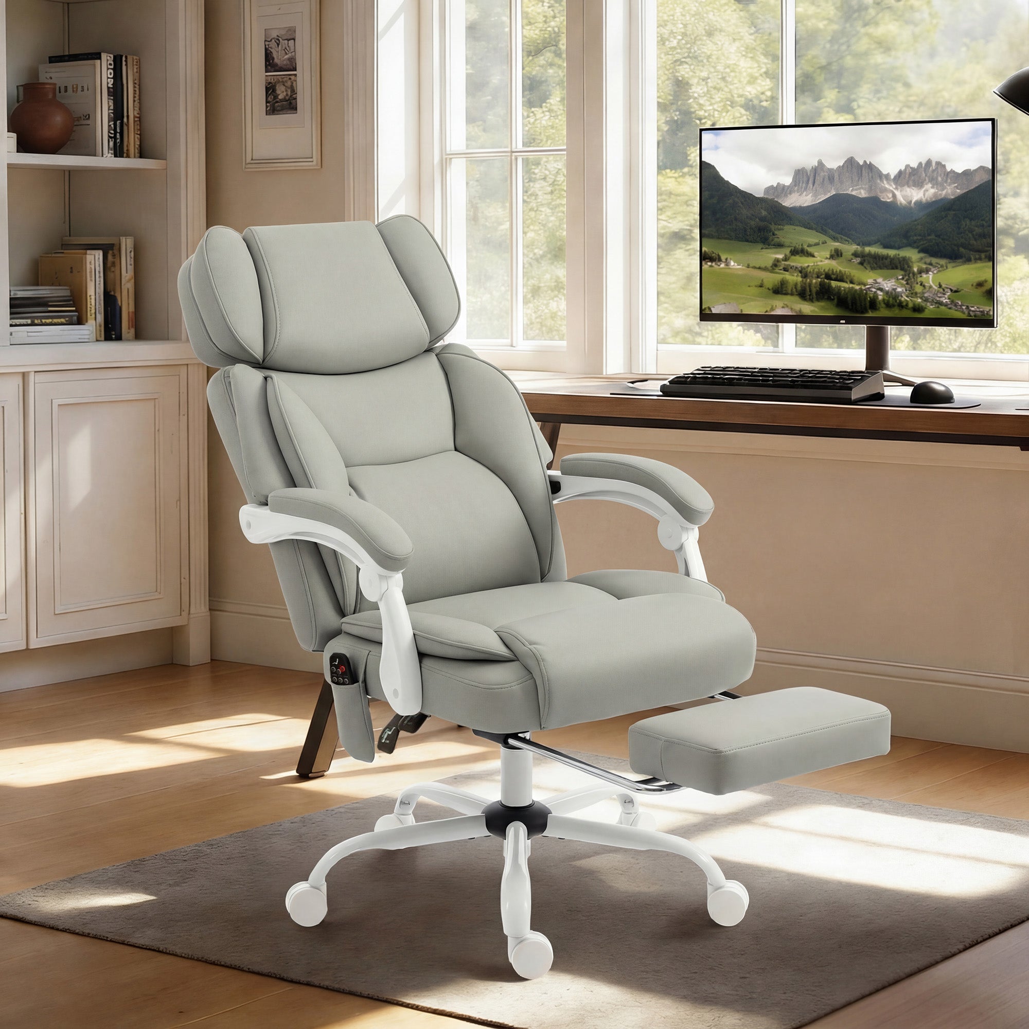 High Back Vibration Massage Office Chair, Heated Reclining PU Leather Computer Chair with Headrest, Footrest, Padded Armrests, Adjustable Height, Swivel Wheels, Remote, Light Gray