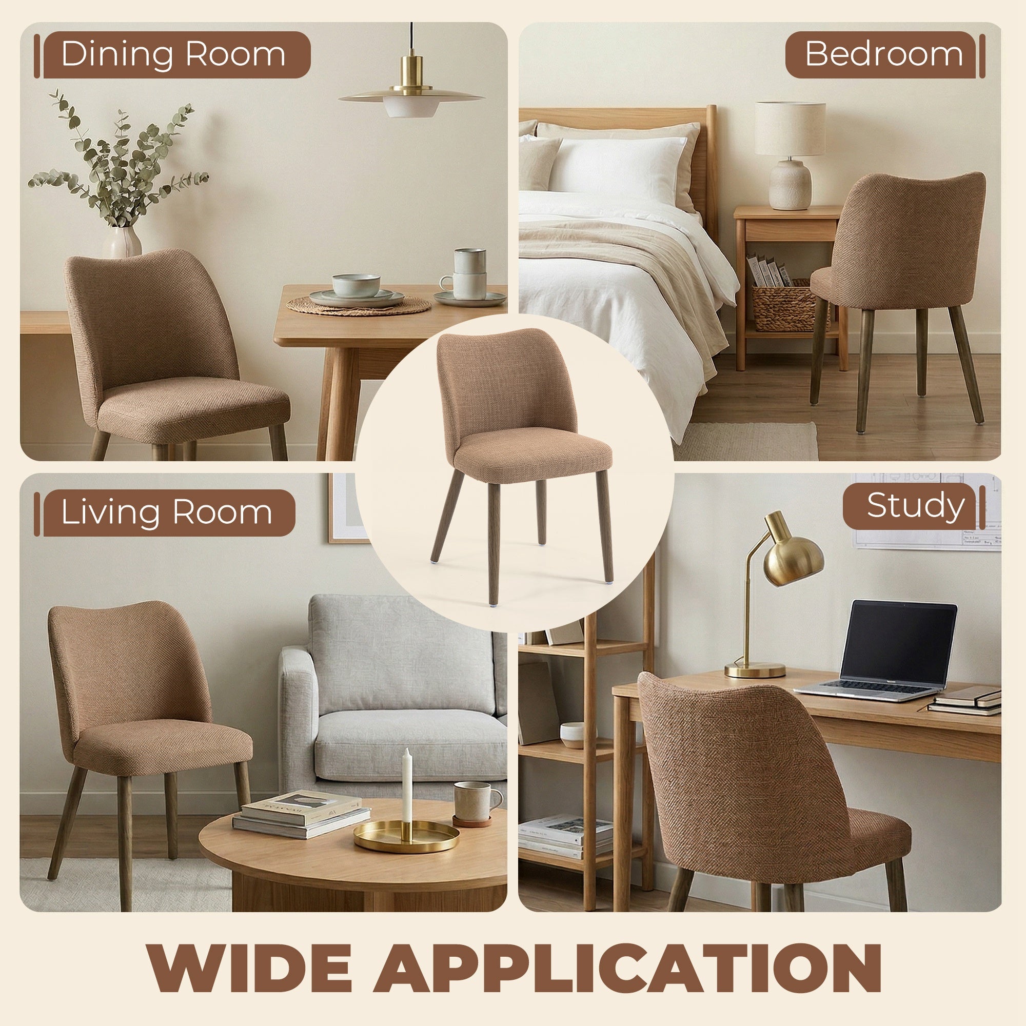 Dining Chairs Set of 2, Modern Linen Upholstered Kitchen Chairs with Padded Seat, Curved Backrest, Rubberwood Legs for Dining Room, Bedroom, Living Room, Easy Assembly, Brown