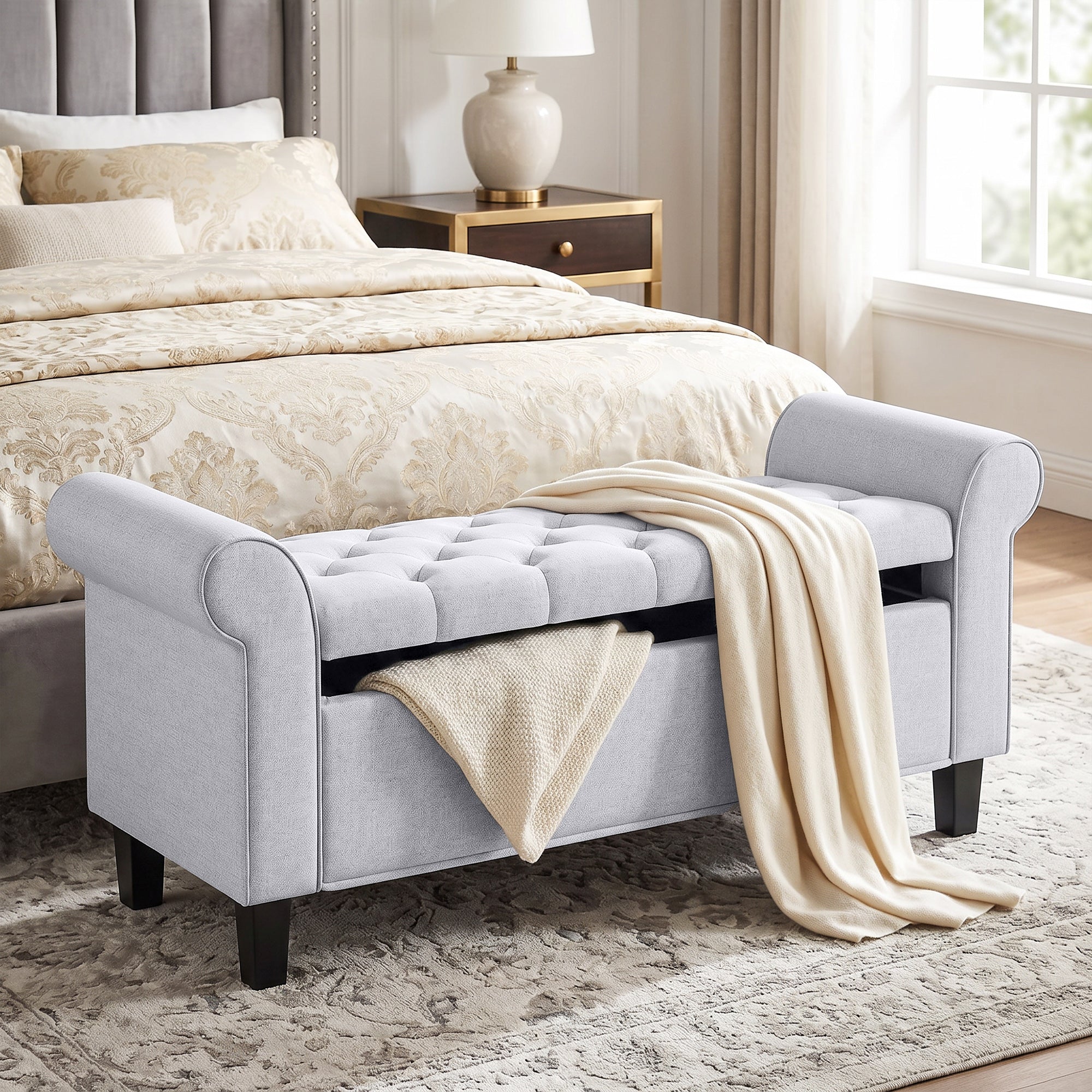 47" Storage Ottoman Bench, Tufted Long Ottoman with Storage Chest, Rolled Arms, Safety Hinge, Wooden Legs, Upholstered End of Bed Bench, 528 lbs for Bedroom, Entryway, Living Room, Light Gray