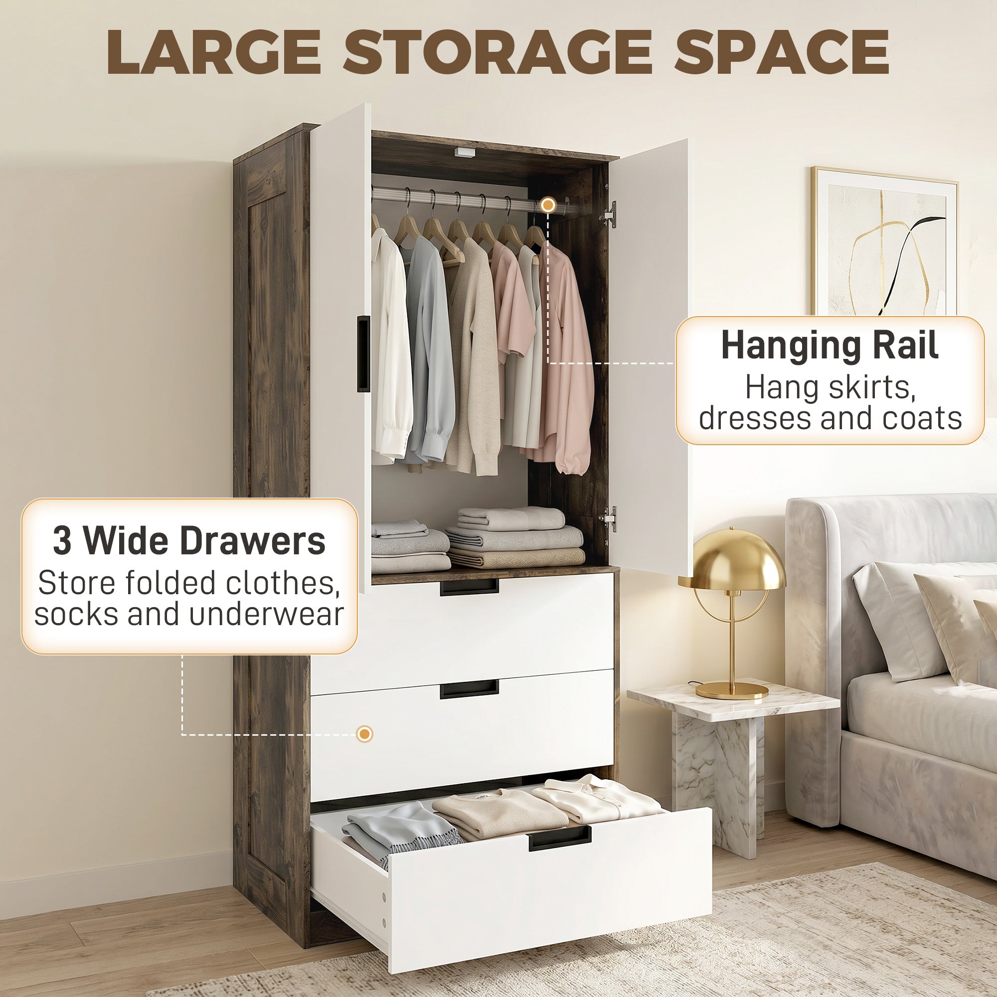 2 Door Wardrobe with 3 Drawers & Hanging Rail, Modern Clothes Storage Cupboard Unit, Bedroom Wardrobe with Soft Closing Hinge, 50D x 80W x 180Hcm, Rustic Brown