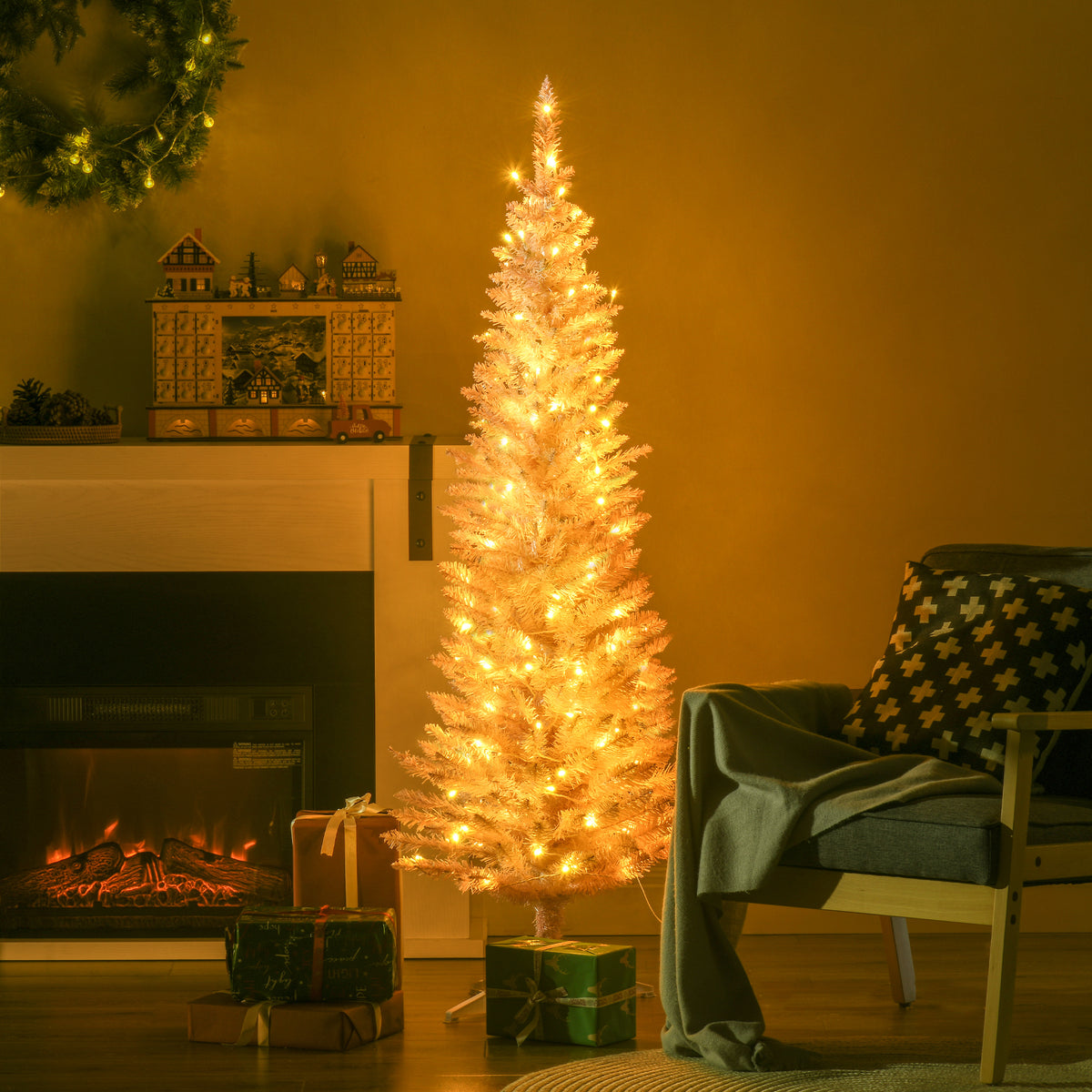 5 ft Pre-Lit Slim Pencil Artificial Christmas Tree with 294 Tips, 110 Warm White LED Lights, Pink