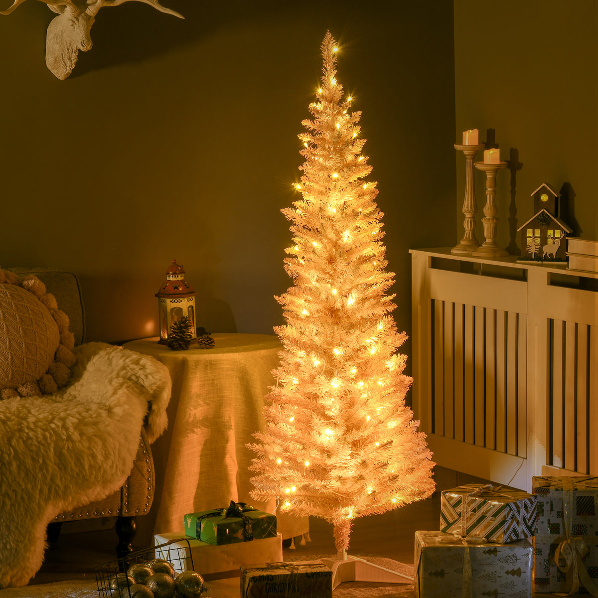 5 ft Pre-Lit Slim Pencil Artificial Christmas Tree with 294 Tips, 110 Warm White LED Lights, Pink