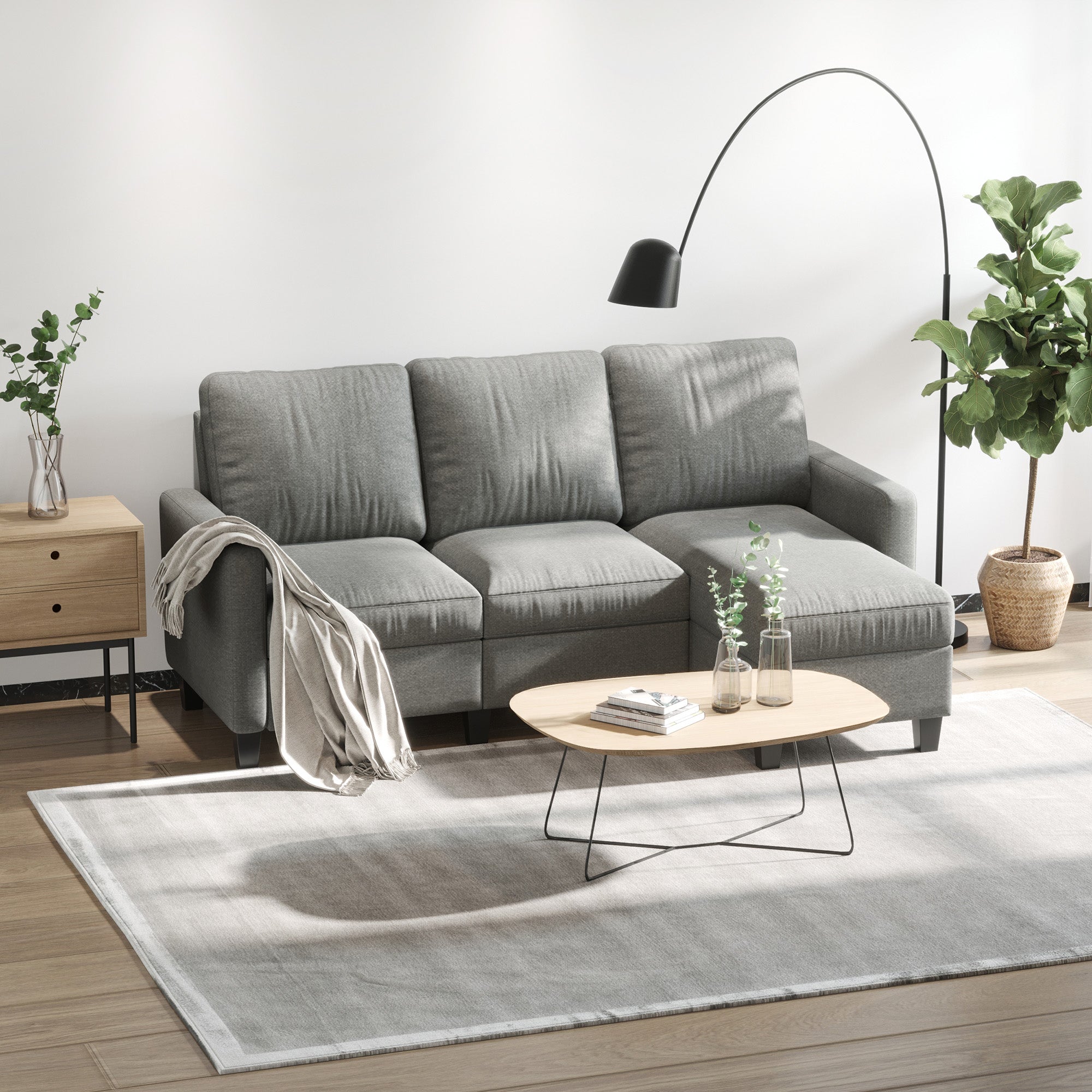 HOMCOM Sectional Sofa, L Shape Couch with Ottoman, Modern Sectional Couch for Living Room, Light Grey