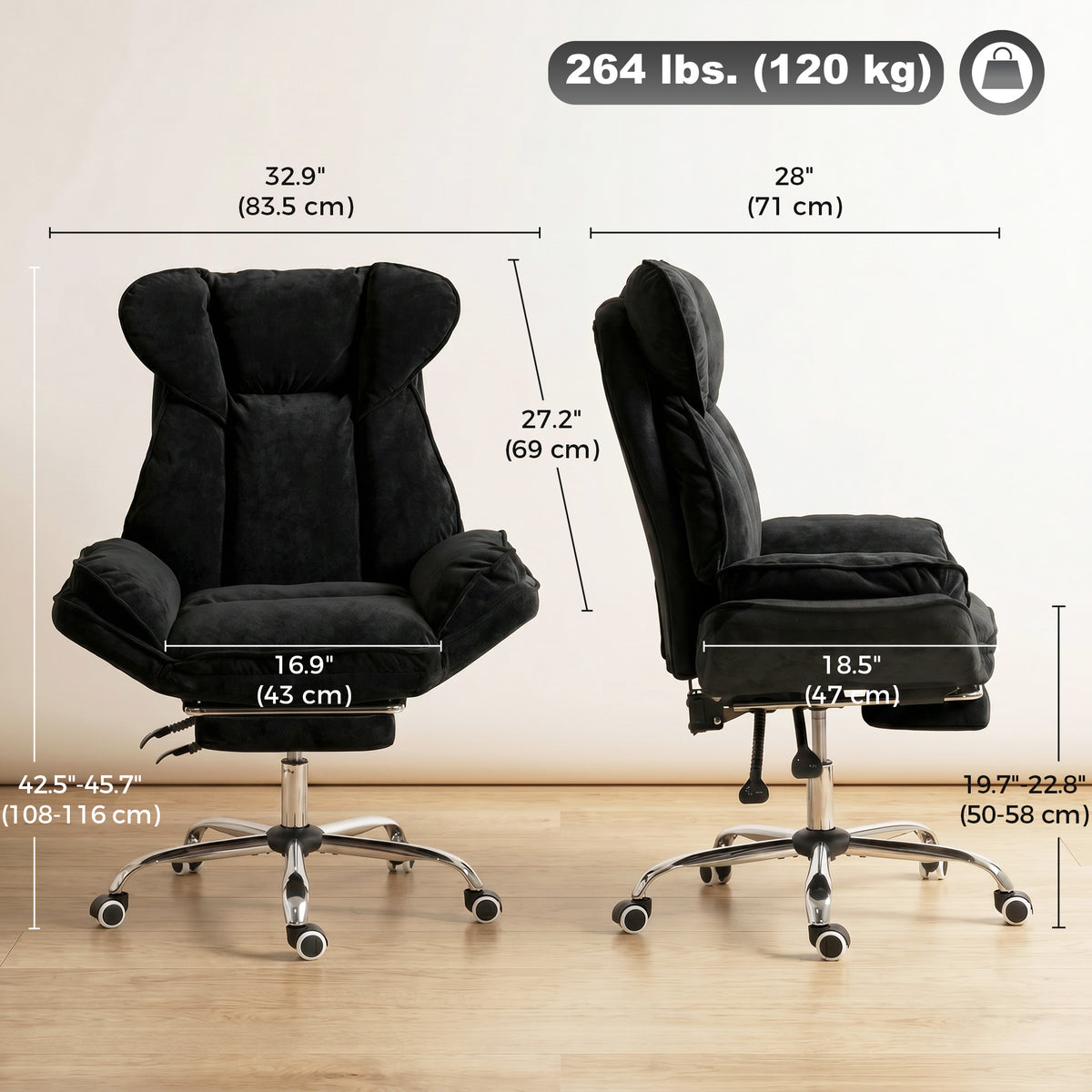 Big and Tall Office Chair, Heavy Duty High Back Desk Chair with Swivel Wheels and Footrest, Reclining Executive Snowflake Velvet, Black