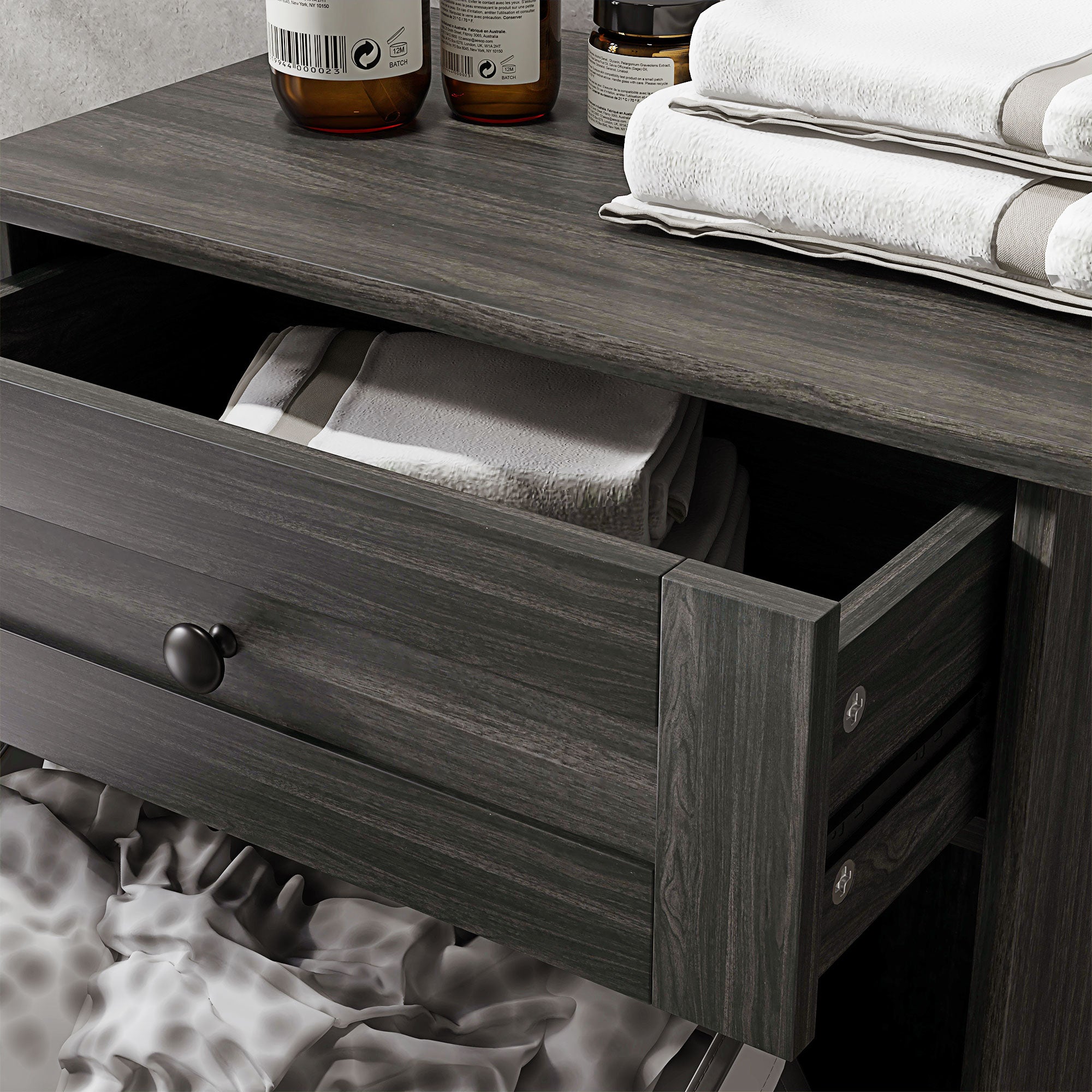 36.6" Freestanding Storage Cabinet with Tilt-Out Trash Bin & Drawer, Charcoal Gray