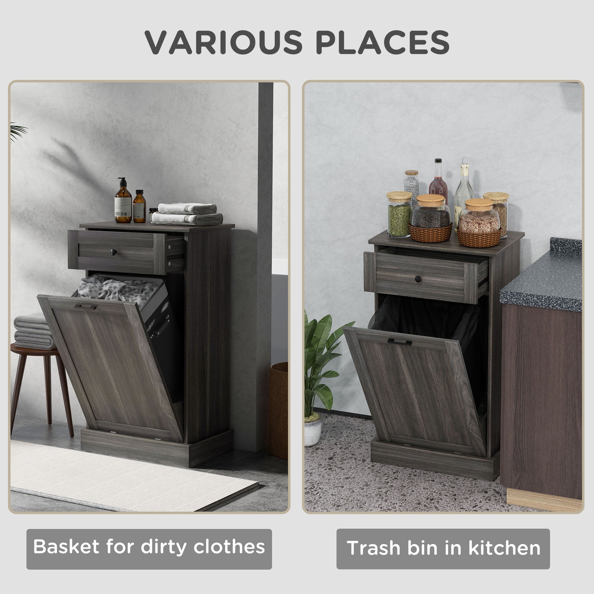 36.6" Freestanding Storage Cabinet with Tilt-Out Trash Bin & Drawer, Charcoal Gray