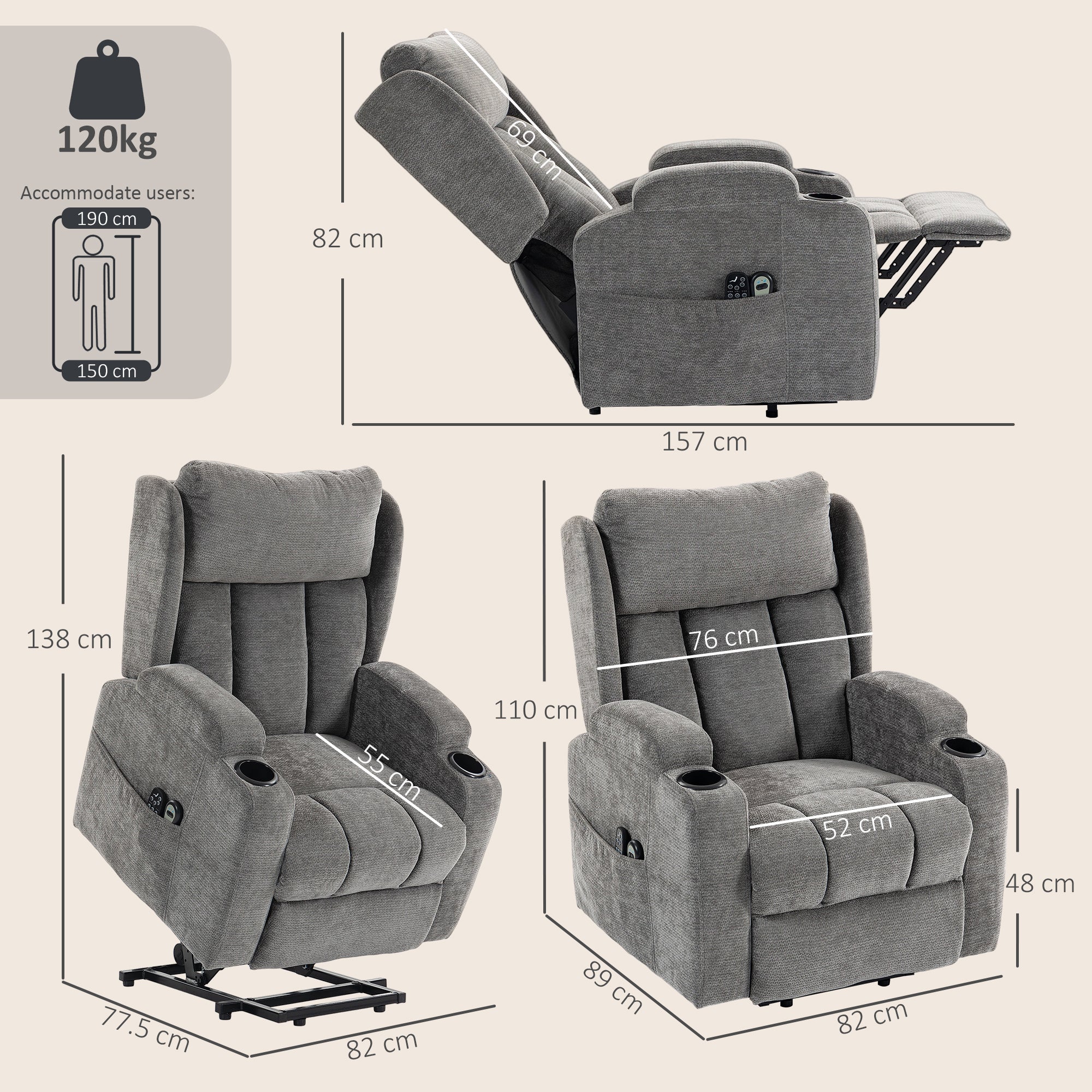Power Lift Recliner Chair with Vibration Massage and Heat, Chenille Riser and Recliner Armchair for Elderly with Folding Headrest, Spring Cushion, Wide and High Back, Cup Holders, Remote, Grey