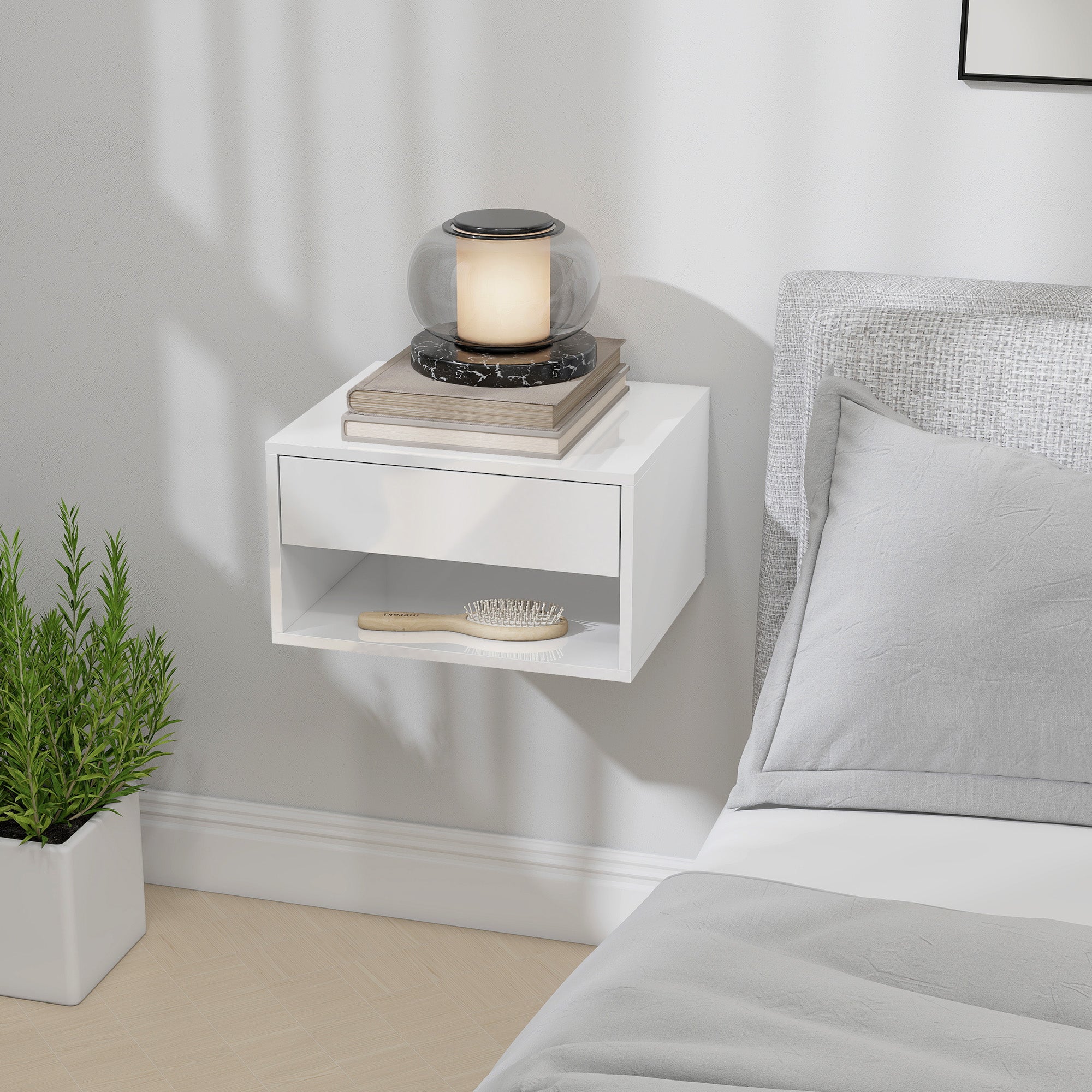 Floating Bedside Tables Set of 2, Wall Mounted Nightstand with Drawer and Open Shelf for Bedroom, High Gloss White
