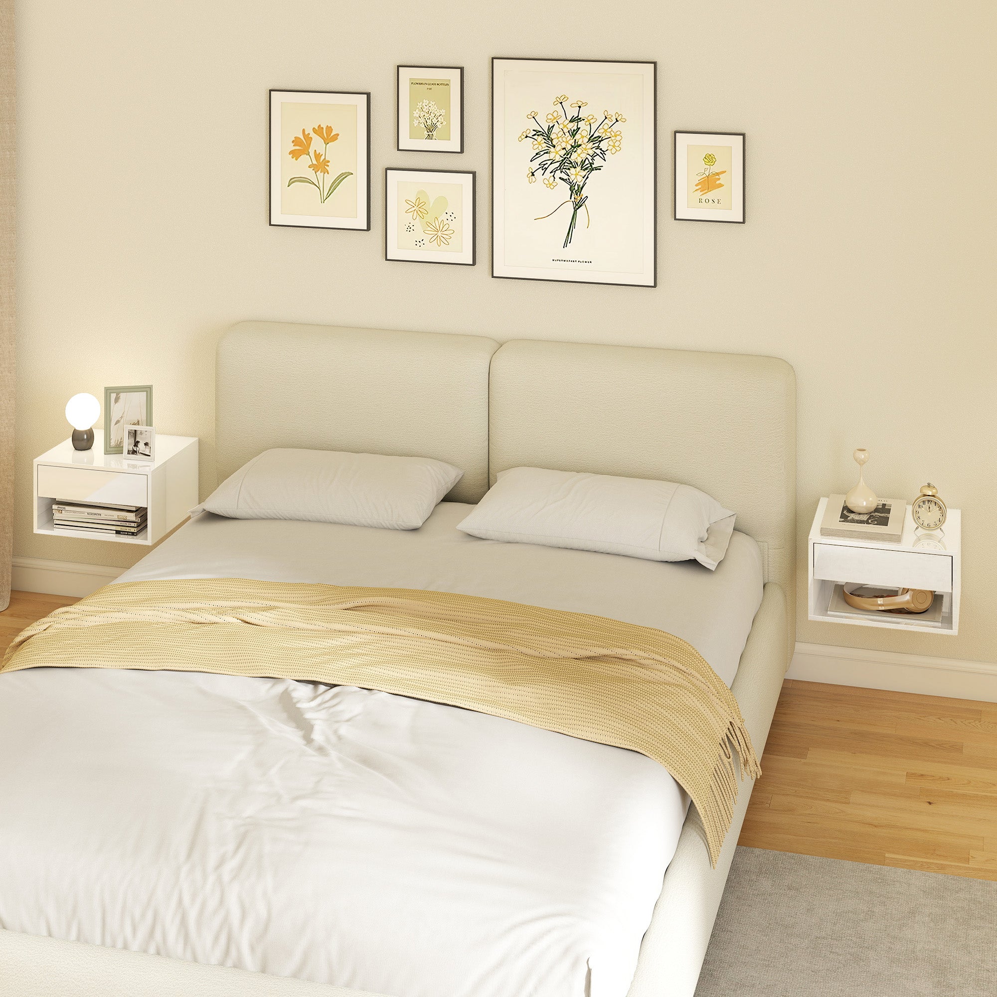 Floating Bedside Tables Set of 2, Wall-Mounted Nightstand with Drawer and Open Shelf for Bedroom, High Gloss White