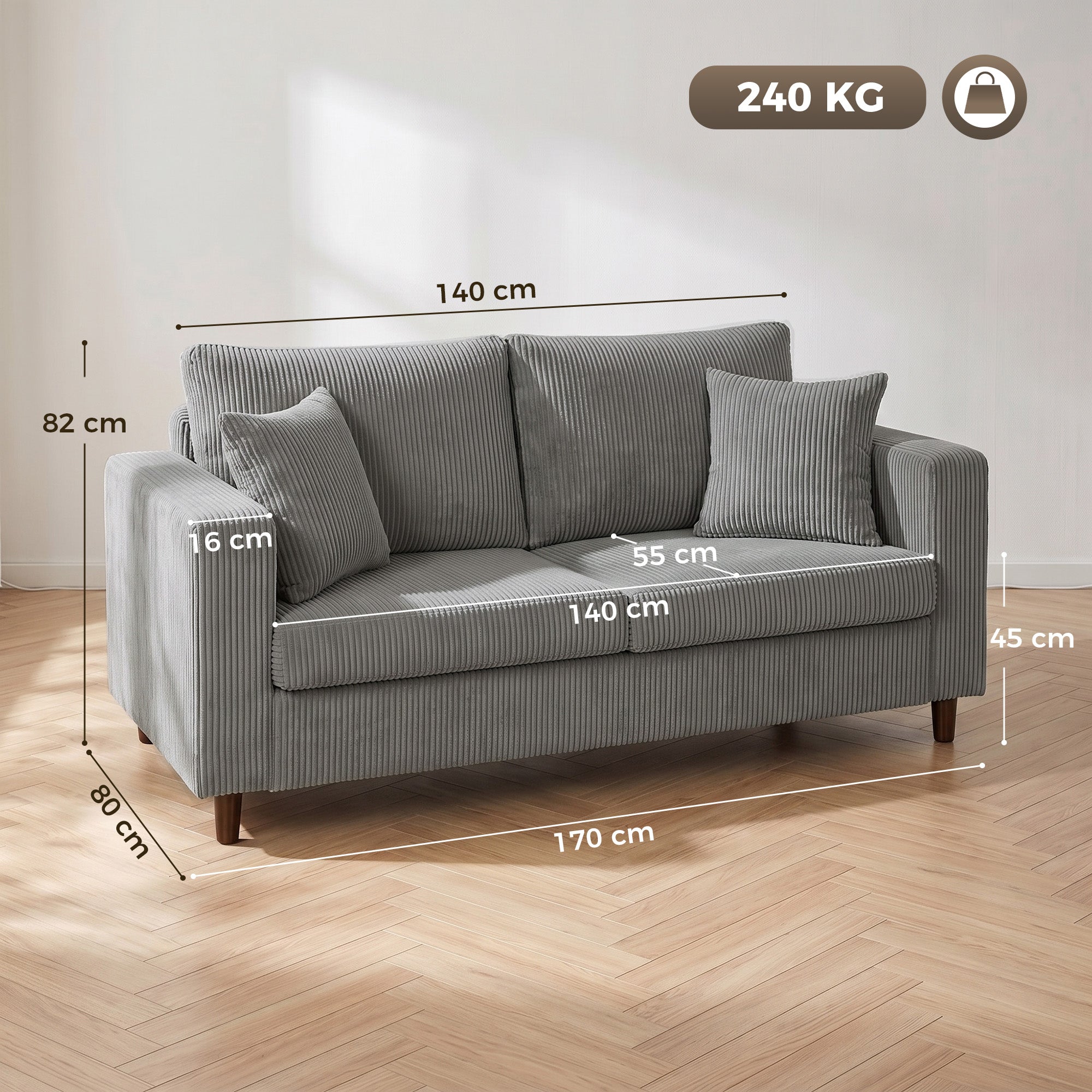 2 Seater Sofa, 170 cm Comfy Corduroy Couch with Wide Deep Seat, Wide Armrests, Spring Cushion, Thick Padded, Solid Wood Legs, Loveseat Sofa for Living Room, Light Grey
