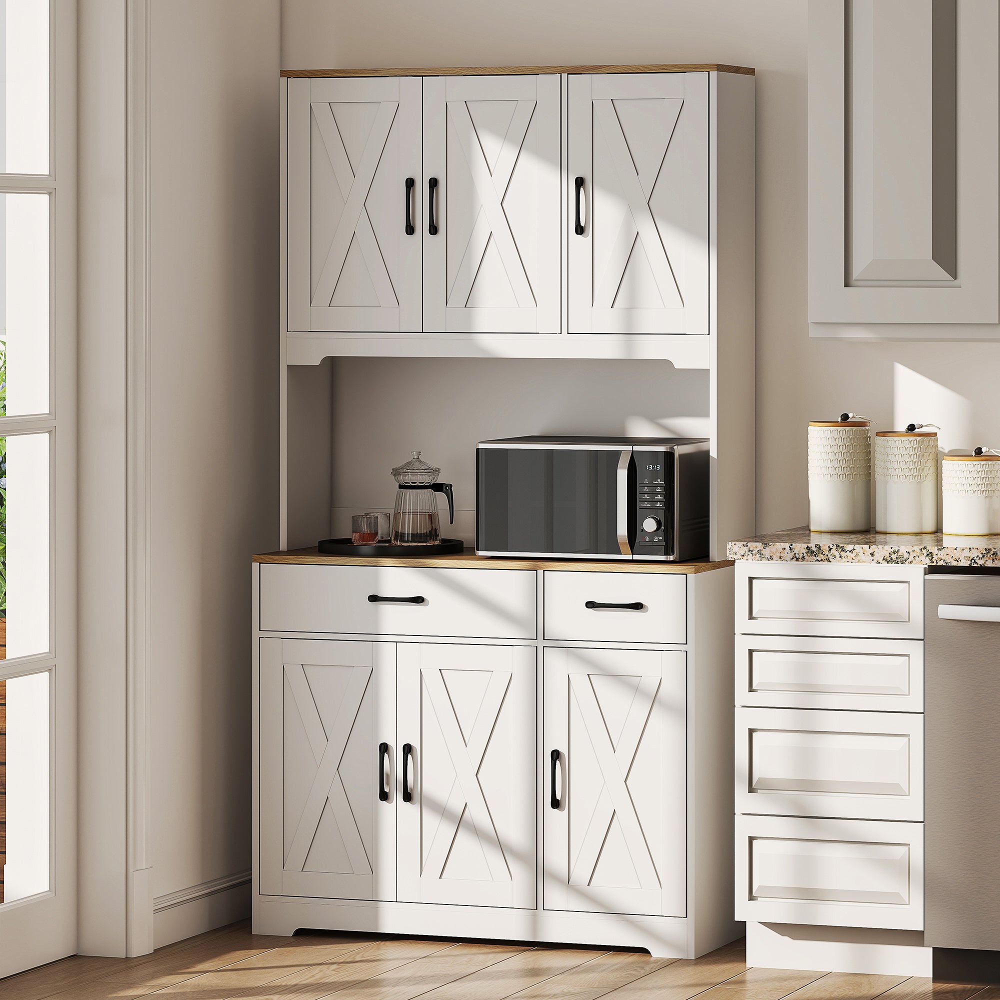 175 cm Tall Kitchen Pantry Cabinet with Microwave Stand, Farmhouse Kitchen Hutch, Freestanding Pantry Cupboard with 2 Drawers, 2 Adjustable Shelves and Cable Management, White