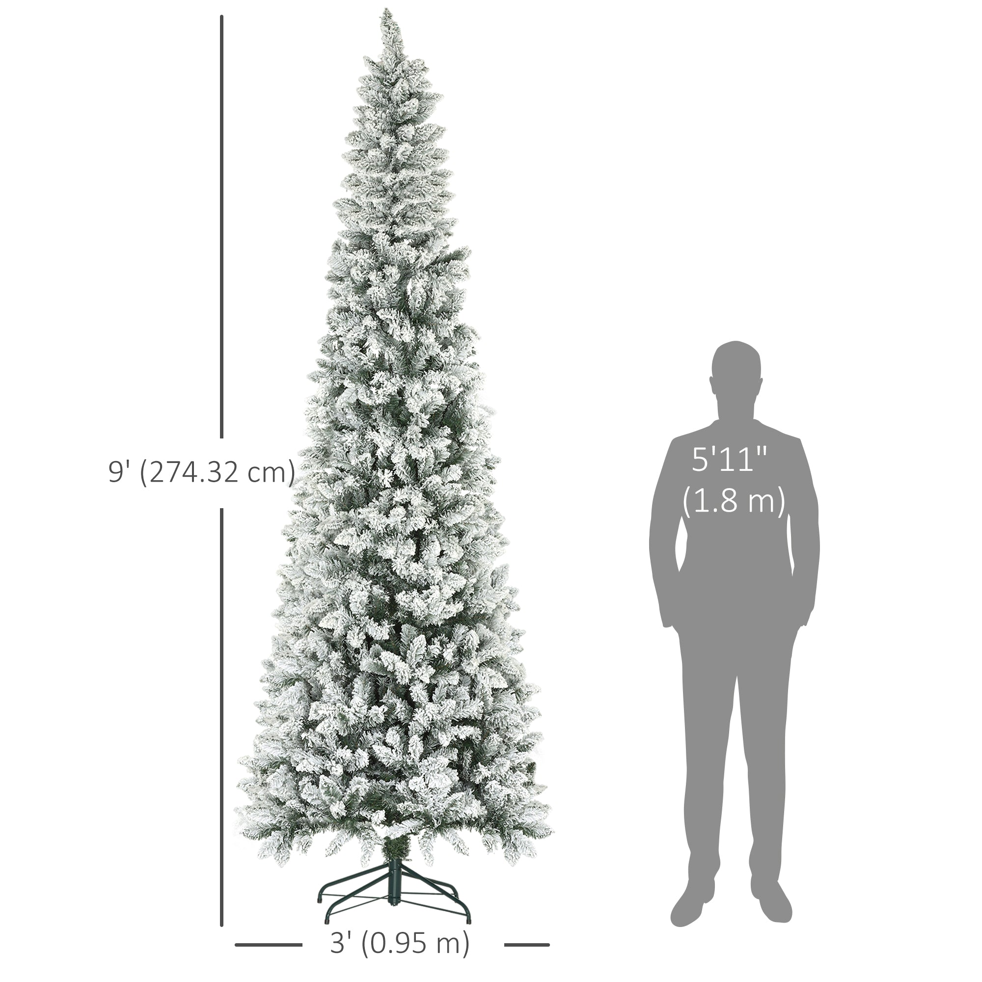 9ft Tall Pencil Christmas Tree, Artificial Flocked Christmas Tree with 1277 Branch Tips and Steel Base, Holiday Décor for Home Office, Green