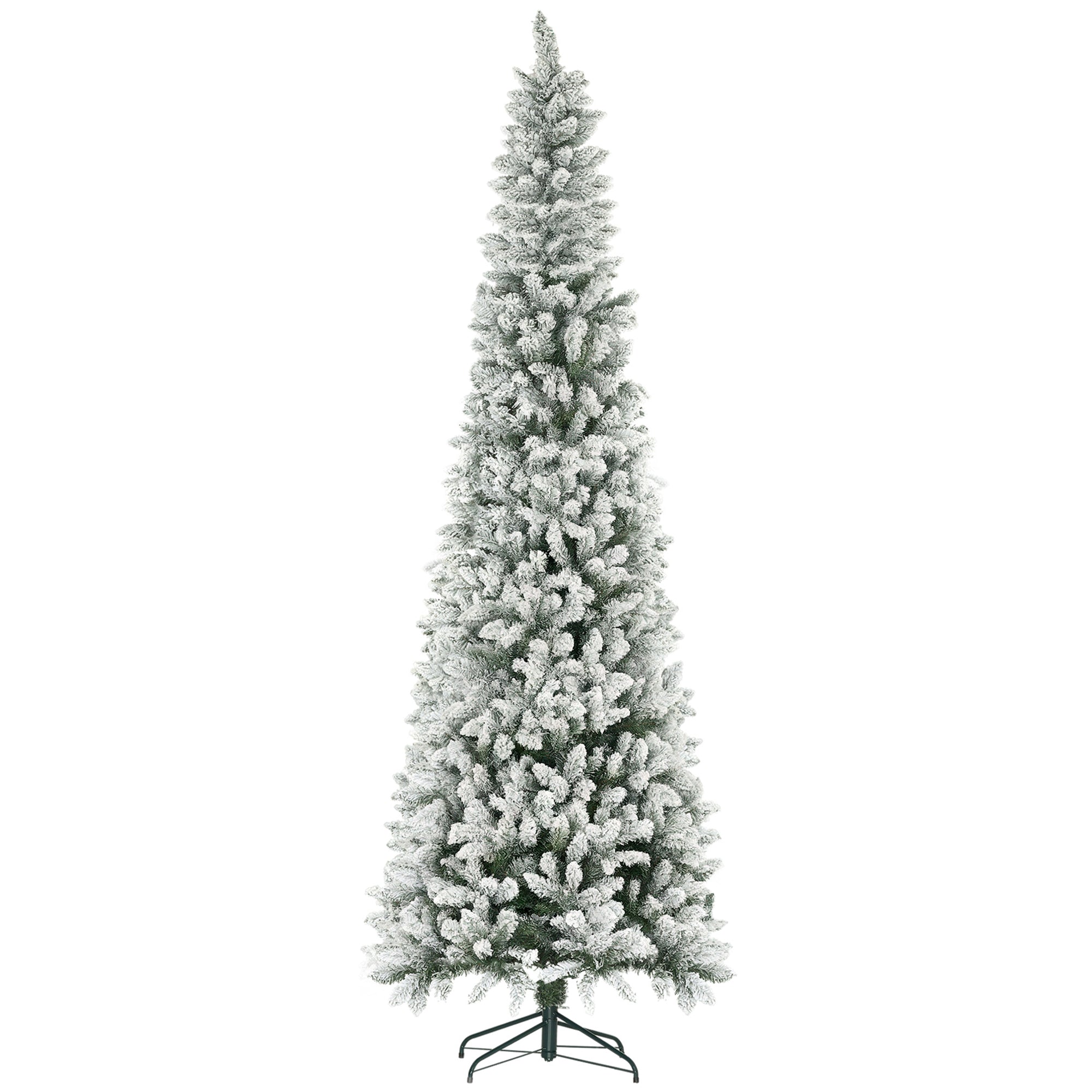 9ft Tall Pencil Christmas Tree, Artificial Flocked Christmas Tree with 1277 Branch Tips and Steel Base, Holiday Décor for Home Office, Green