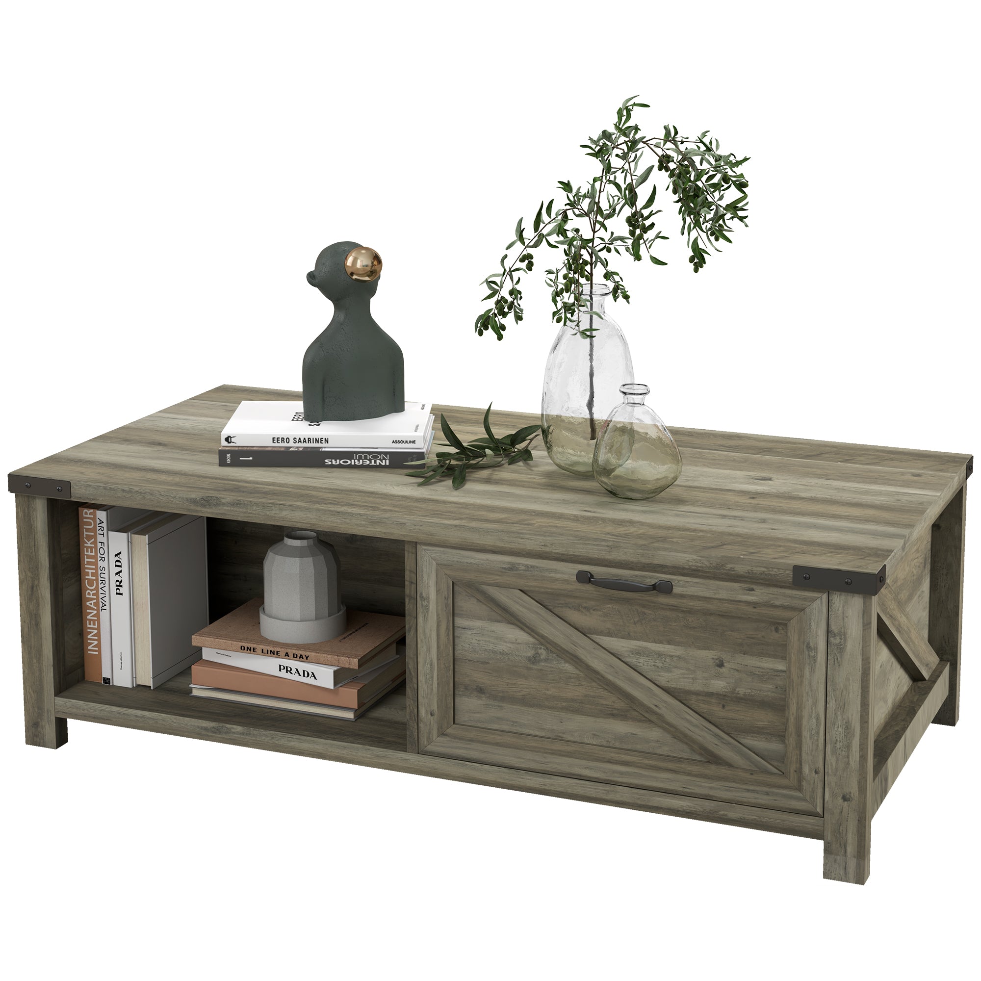 Farmhouse Coffee Table w/ Storage, Drawer & Open Shelf, Rustic Living Room Table, Gray Oak