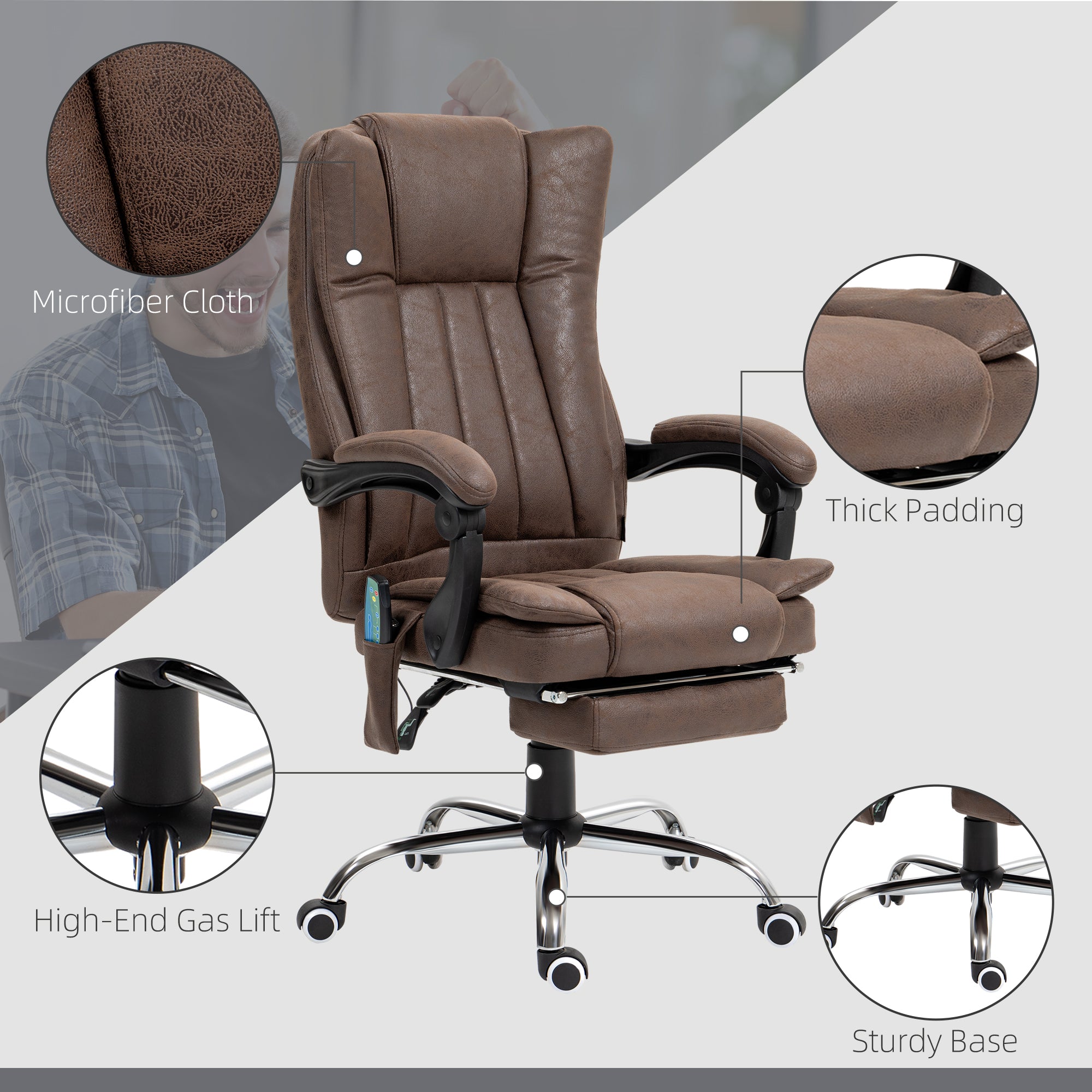Vinsetto Office Chair with Massage and Heat, Microfibre Reclining Computer Desk Chair with Footrest and Adjustable Height, Swivel Wheels for Home Office, Dark Brown