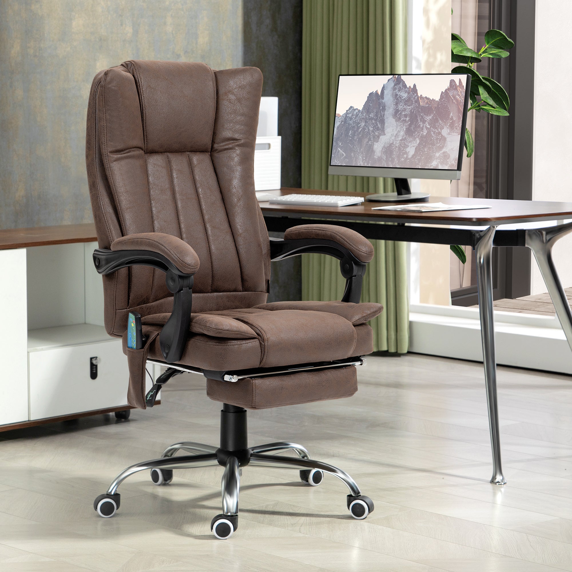 Vinsetto Office Chair with Massage and Heat, Microfibre Reclining Computer Desk Chair with Footrest and Adjustable Height, Swivel Wheels for Home Office, Dark Brown