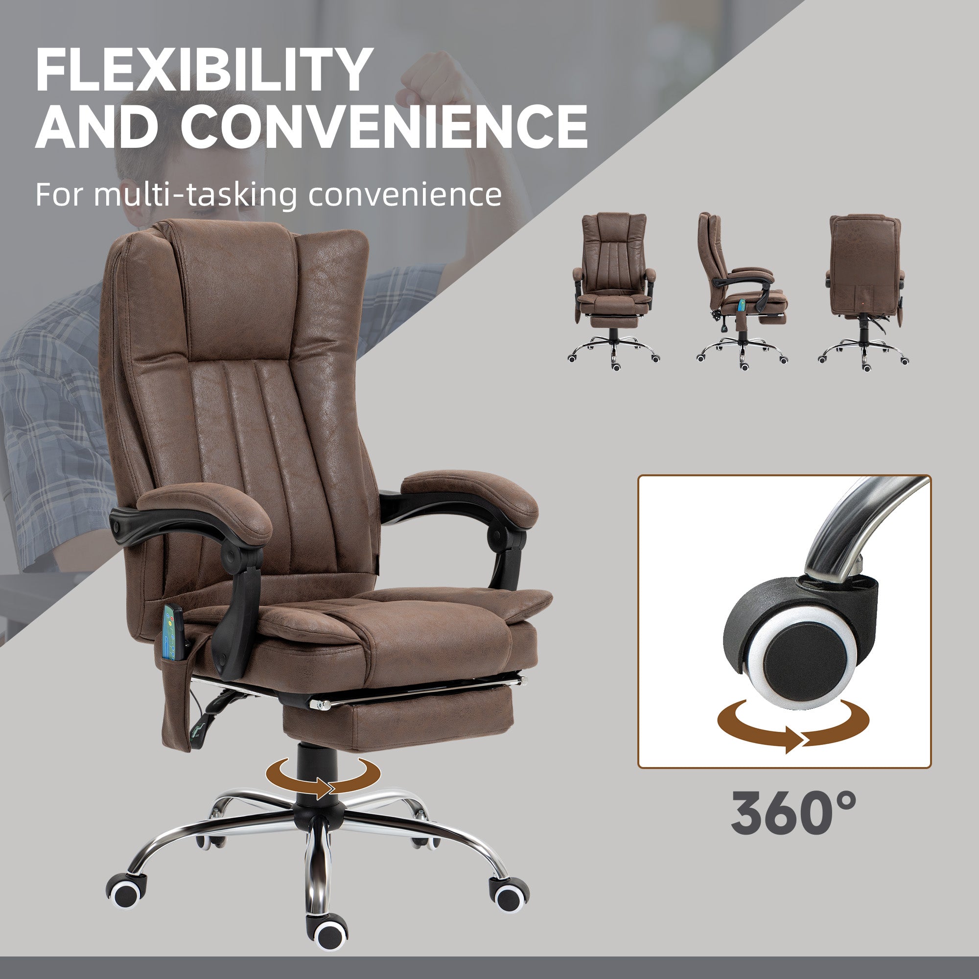 Vinsetto Office Chair with Massage and Heat, Microfibre Reclining Computer Desk Chair with Footrest and Adjustable Height, Swivel Wheels for Home Office, Dark Brown