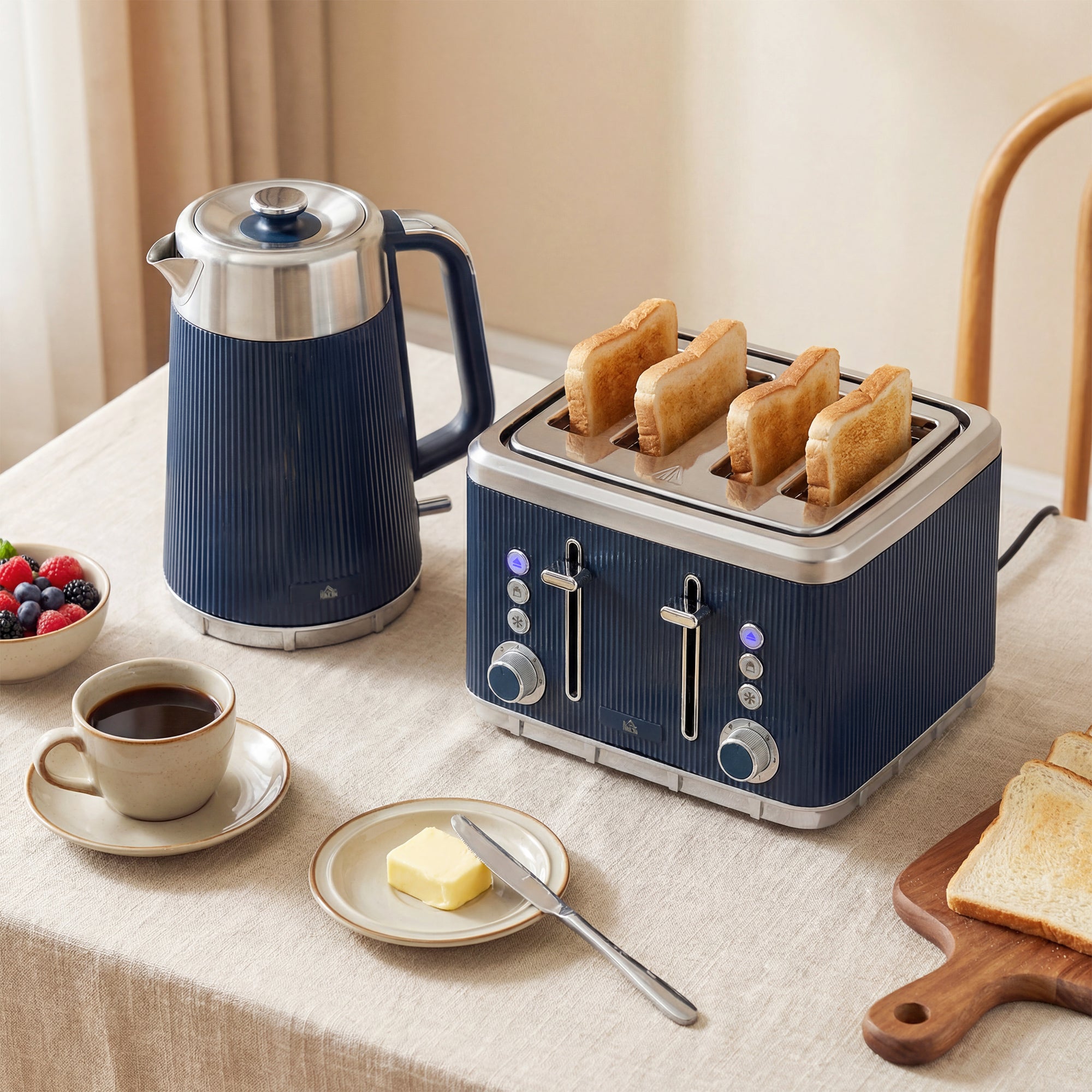 Electric Stainless Steel Kettle and Toaster Set, 3000W 1.7L UK Strix Thermostat Fast Boil Kettle w/ Limescale Filter, Cool Touch Body, 4 Slice Toaster with 7 Browning Levels, Dark Blue