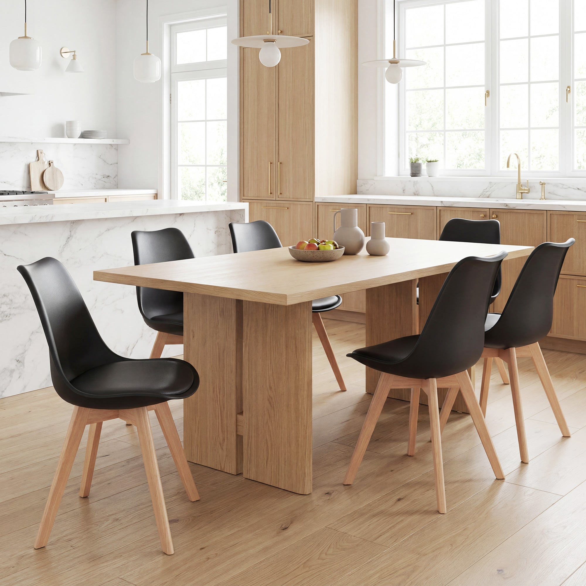 Dining Chairs Set of 6, Modern Kitchen Chairs with PU Leather Cushion and Wood Base, Upholstered Accent Chairs for Living Room and Dining Room, Black