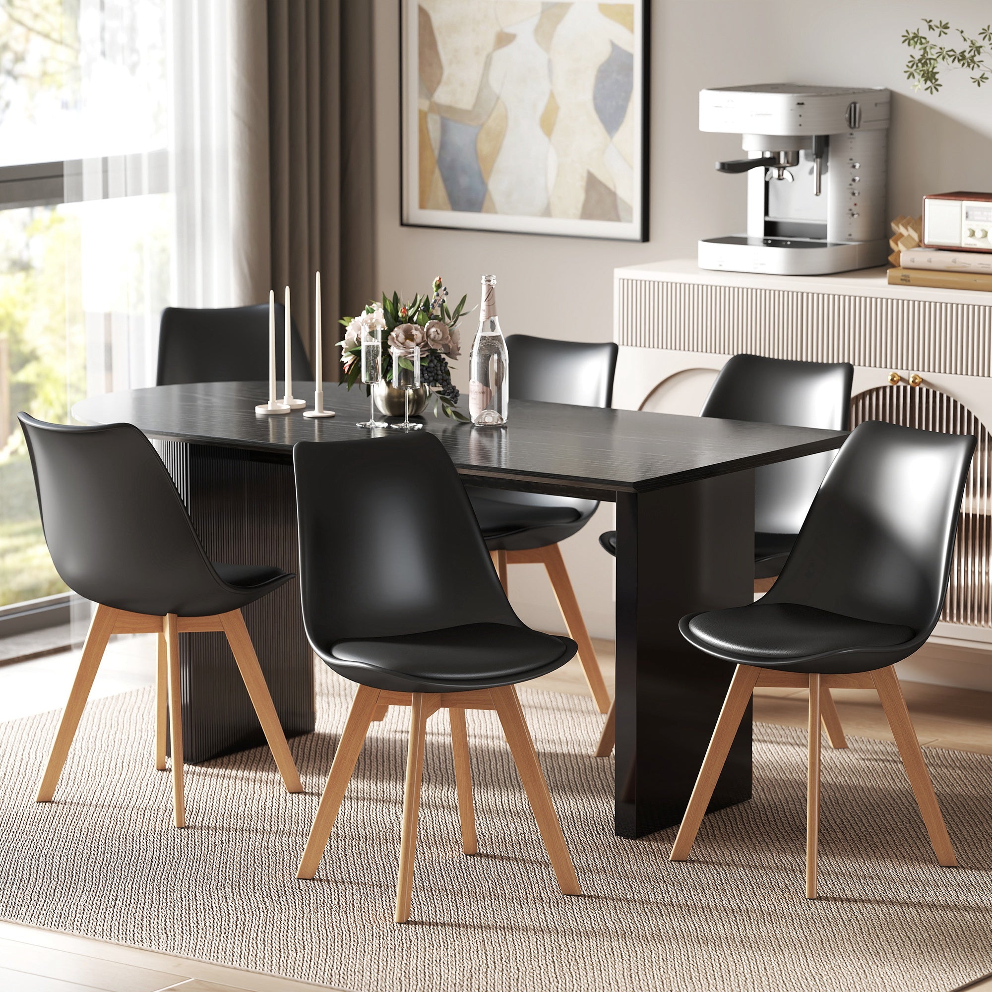 Dining Chairs Set of 6, Modern Kitchen Chairs with PU Leather Cushion and Wood Base, Upholstered Accent Chairs for Living Room and Dining Room, Black