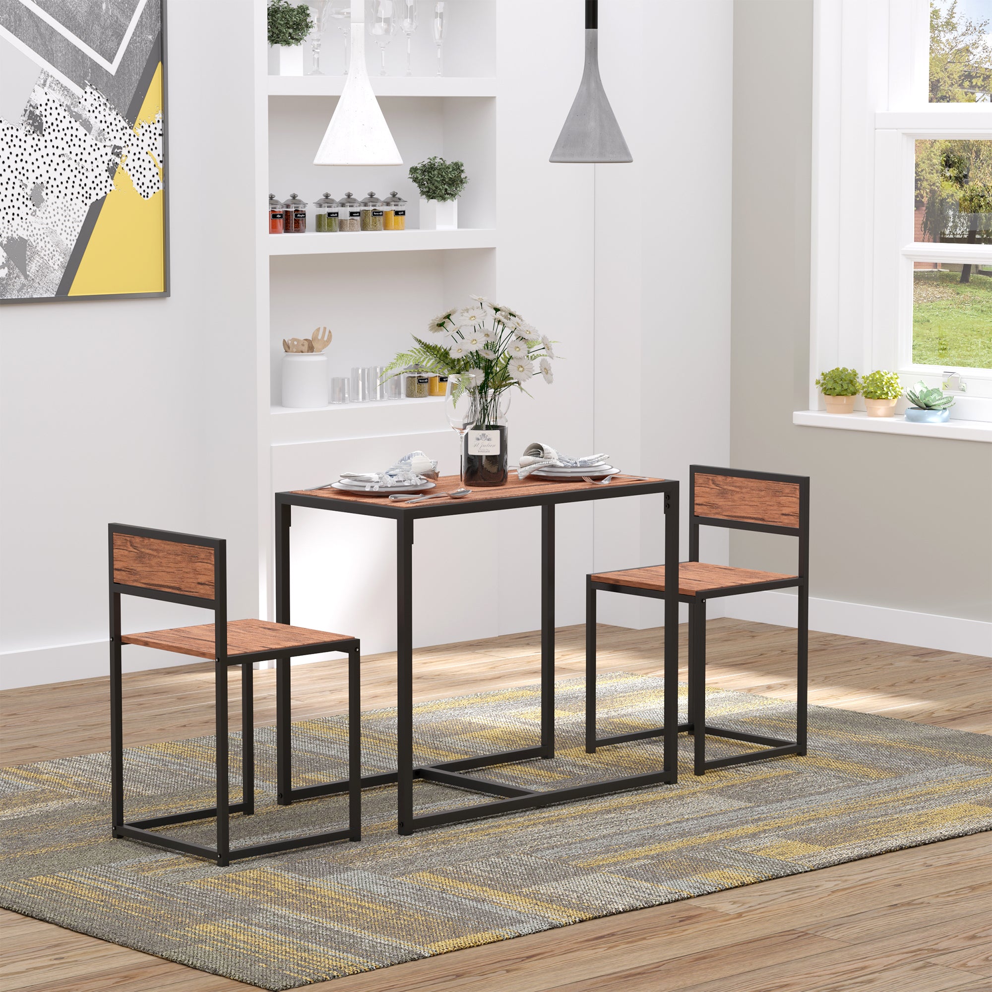 3-Piece Dining Room Set, Industrial Kitchen Rectangular Table & 2 Dining Chairs, Rustic Brown