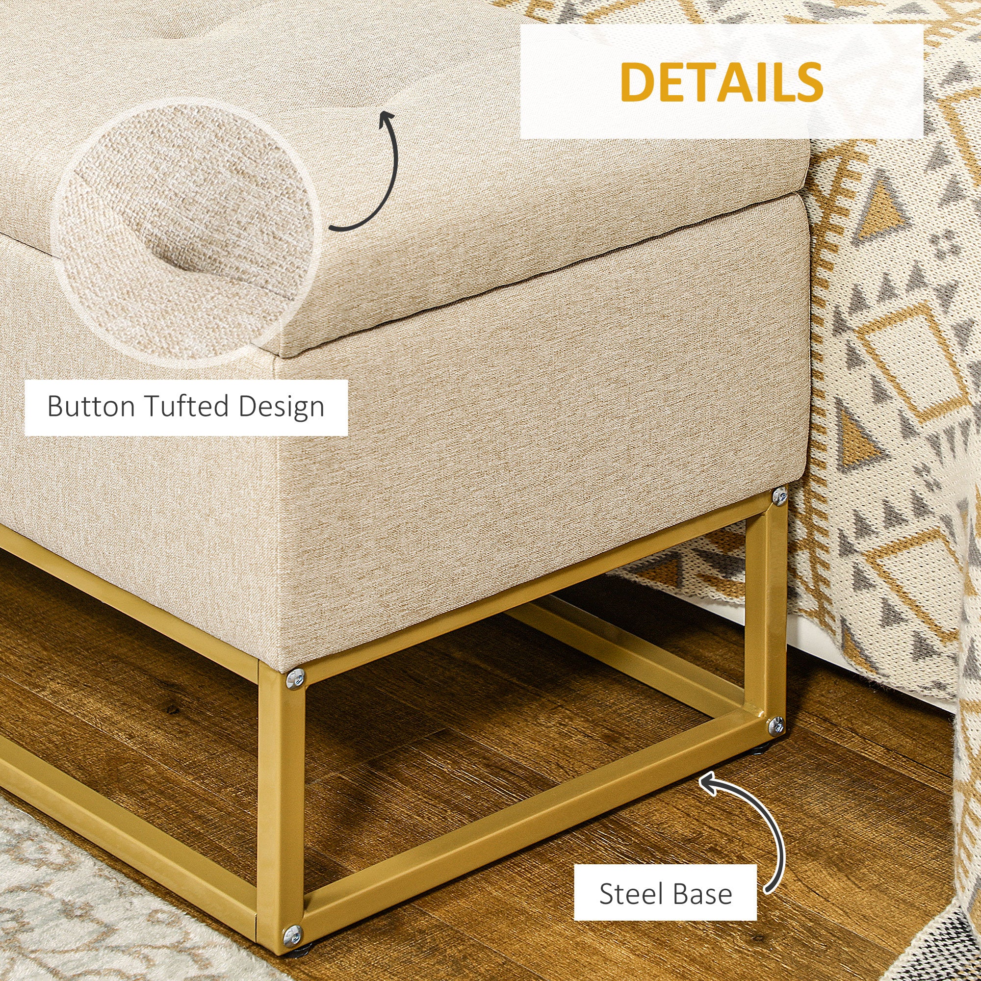 HOMCOM Storage Ottoman with Flip Top, Upholstered Storage Bench, Linen Fabric Footstool with Steel Legs for Living Room, Bedroom, Beige