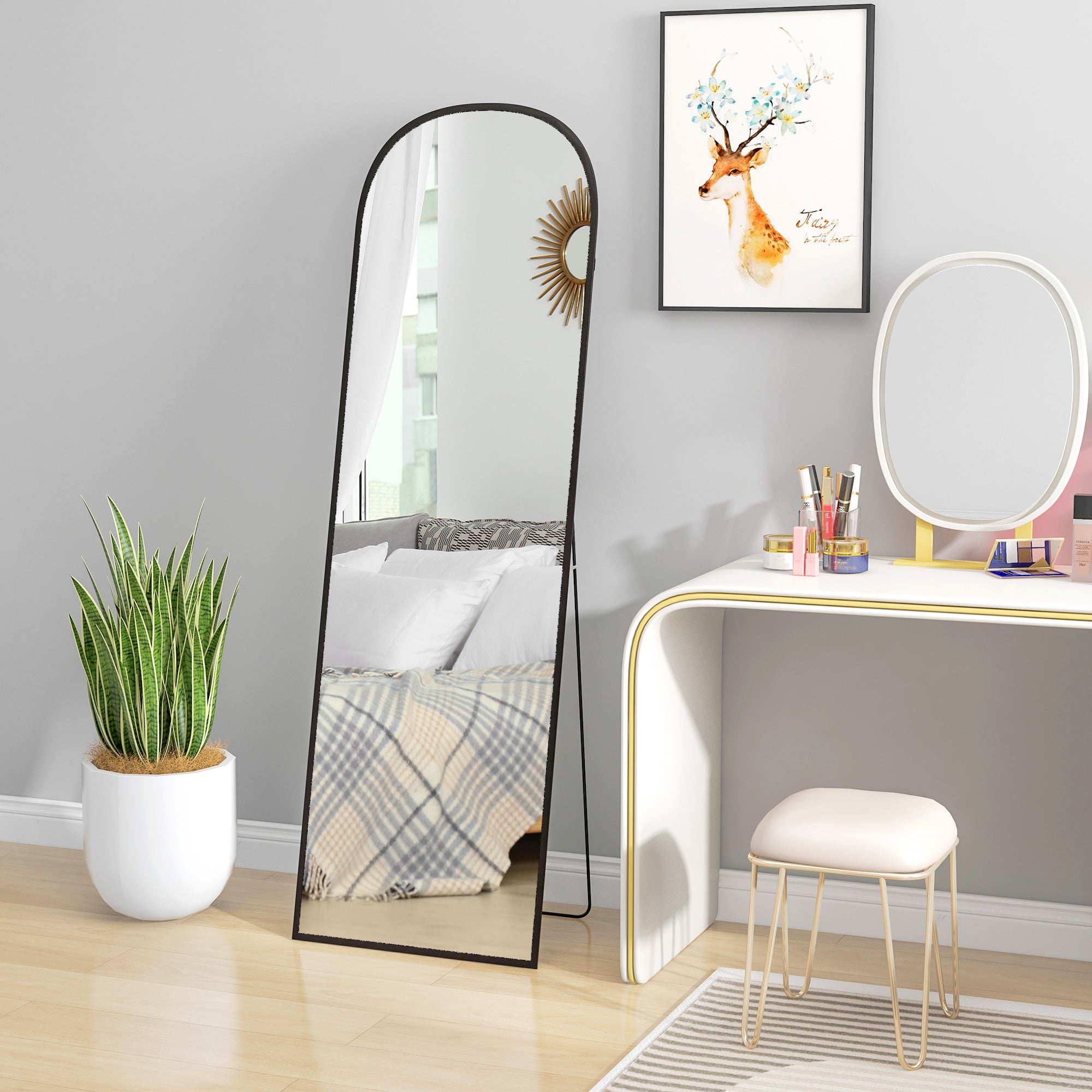 HOMCOM Full Length Mirror, 162x50cm Arched Free Standing Floor Mirror with Aluminium Alloy Frame, Hanging or Leaning for Living Room, Bedroom, Black Frame