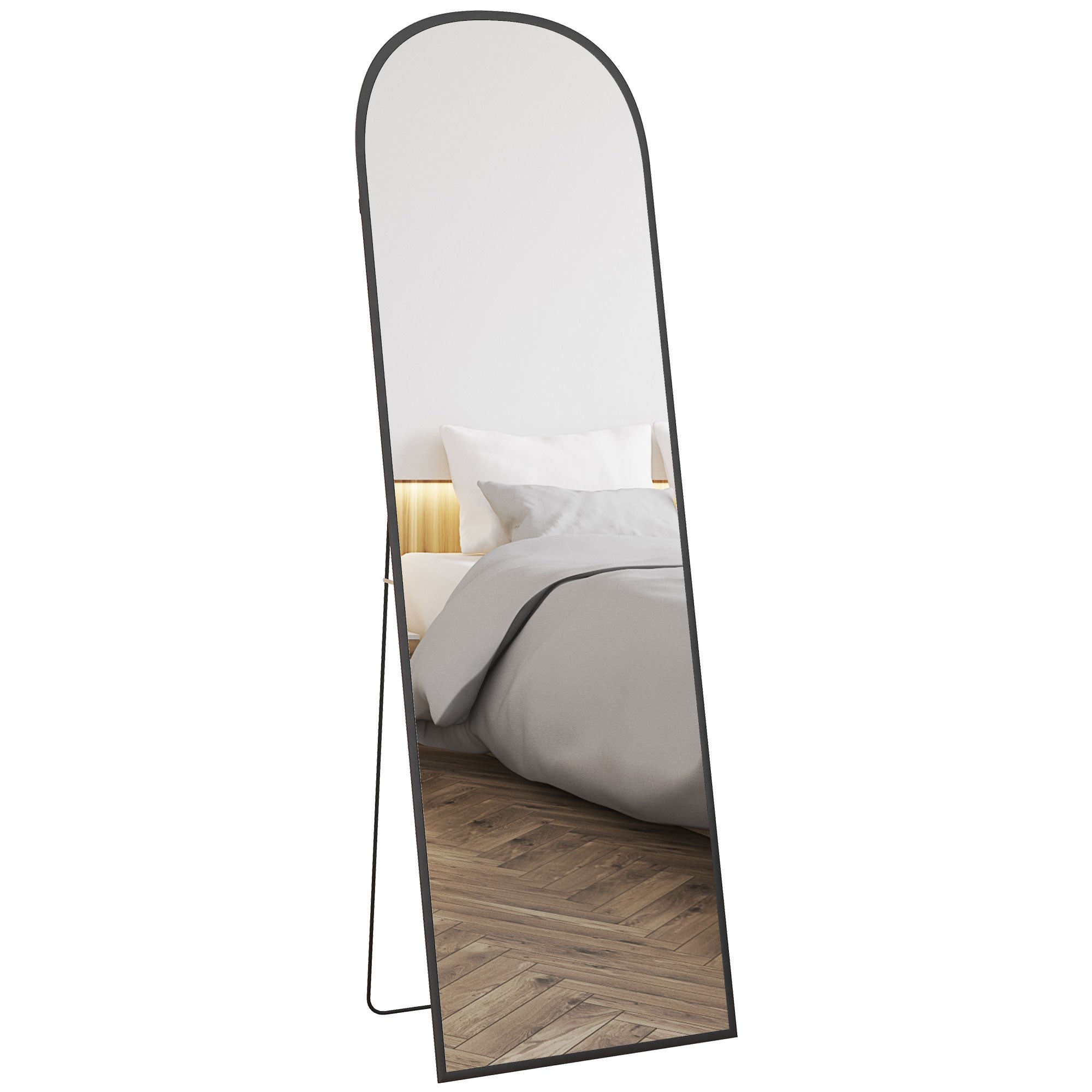 HOMCOM Full Length Mirror, 162x50cm Arched Free Standing Floor Mirror with Aluminium Alloy Frame, Hanging or Leaning for Living Room, Bedroom, Black Frame