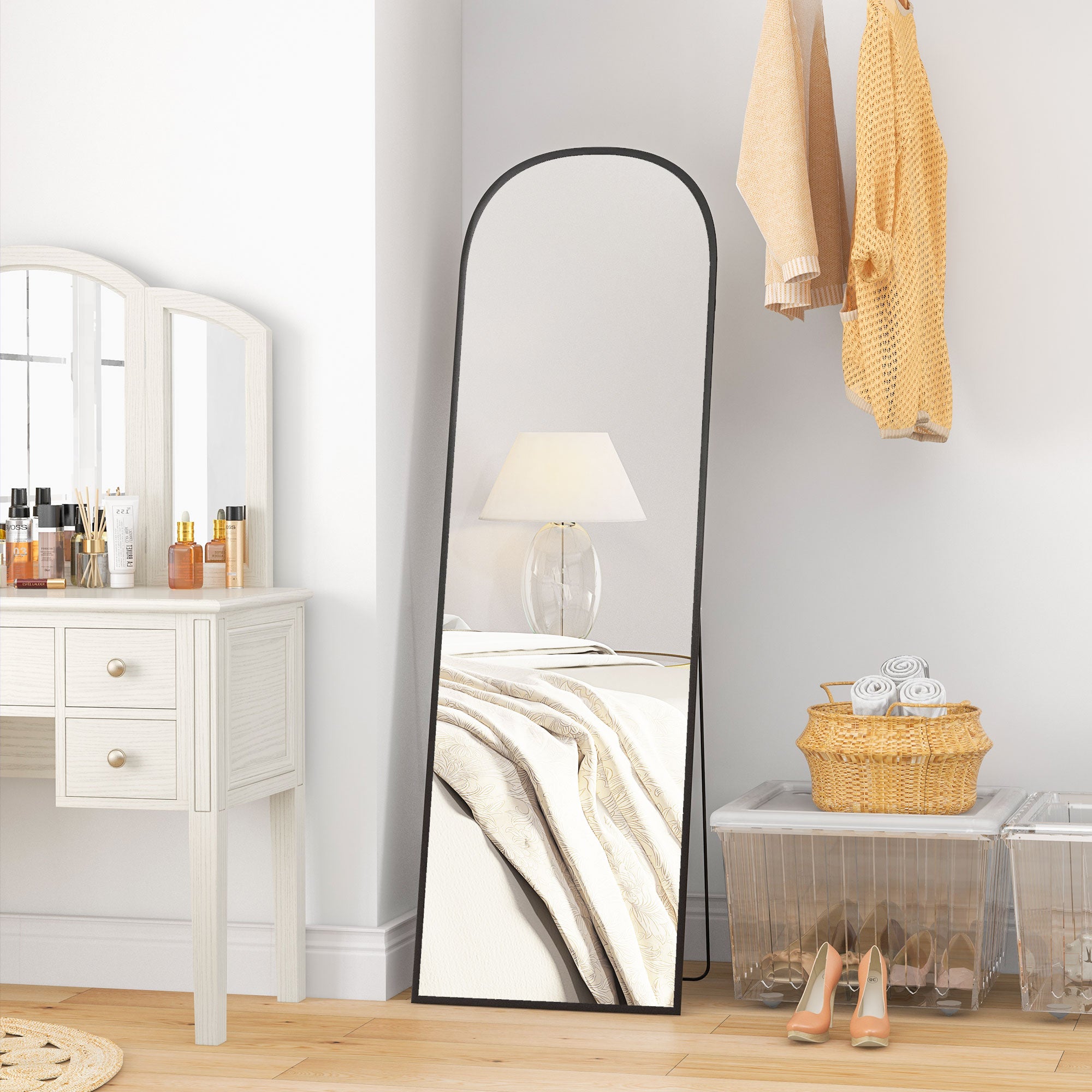 HOMCOM Full Length Mirror, 162x50cm Arched Free Standing Floor Mirror with Aluminium Alloy Frame, Hanging or Leaning for Living Room, Bedroom, Black Frame