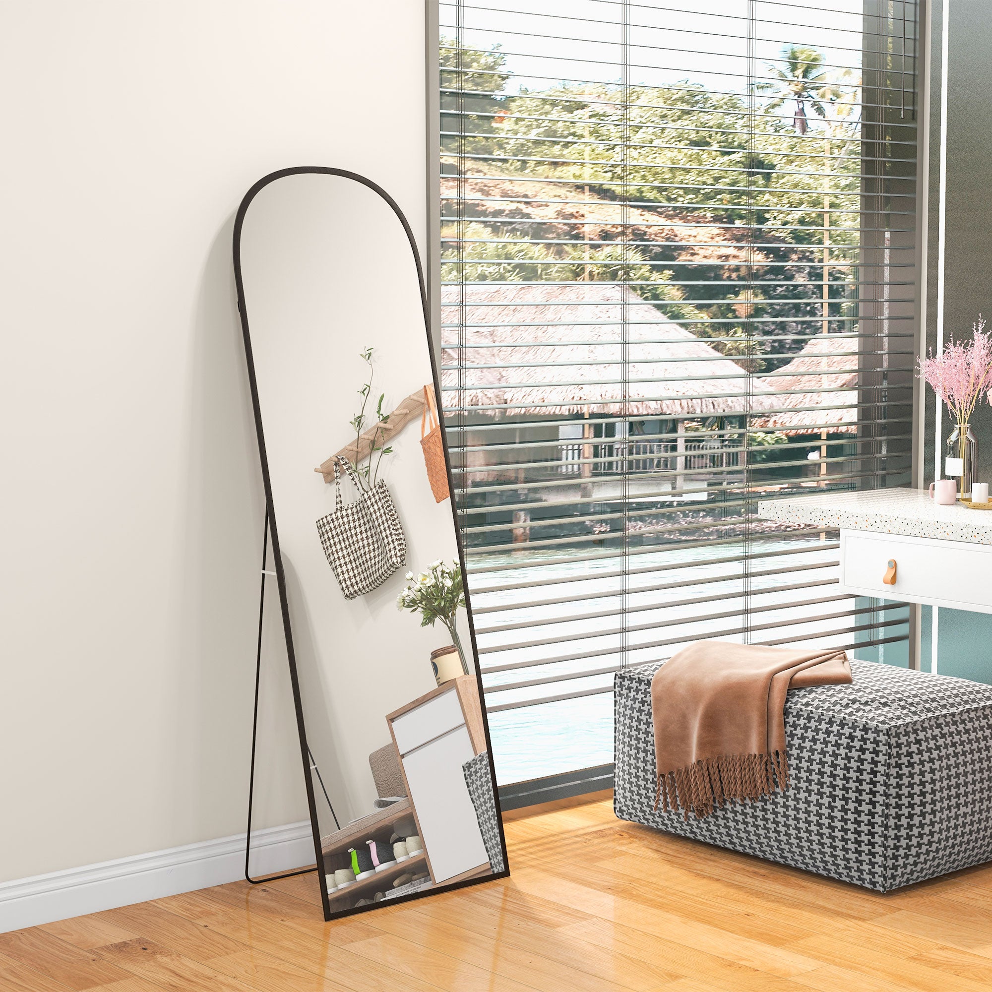 HOMCOM Full Length Mirror, 162x50cm Arched Free Standing Floor Mirror with Aluminium Alloy Frame, Hanging or Leaning for Living Room, Bedroom, Black Frame