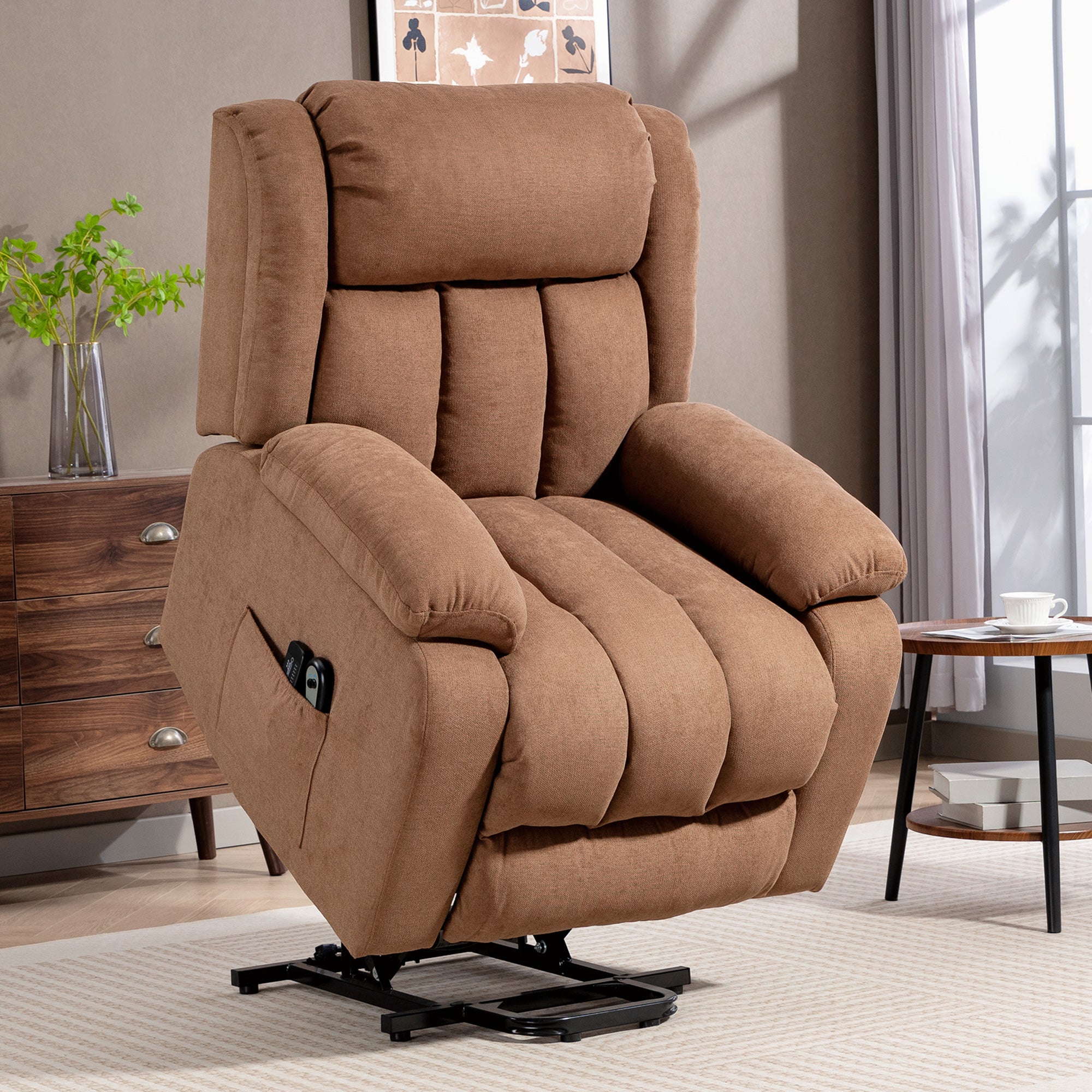 Power Lift Recliner Chair with Massage, Linen Overstuffed Lift Chair for Elderly, Electric Recliner Armchair with Footrest, Remote Control and Side Pocket, for Living Room, Brown