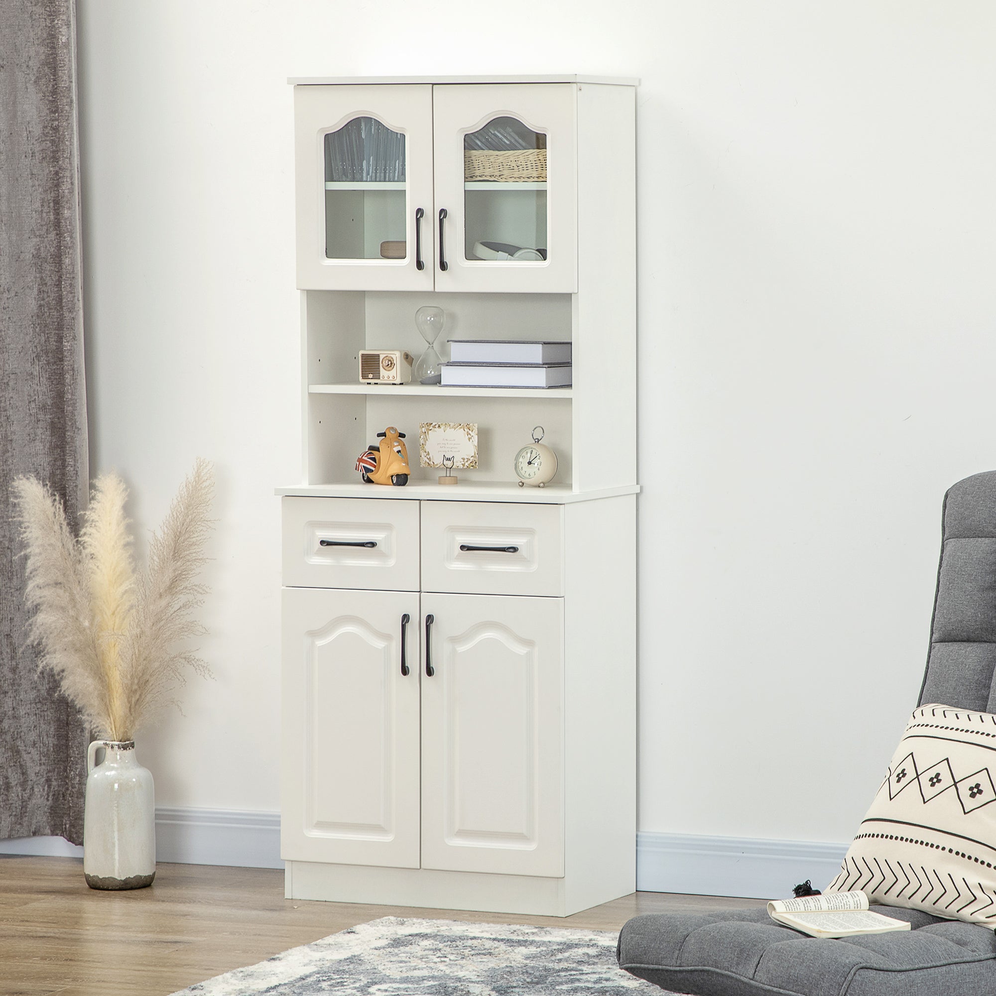 Kitchen Cupboard, Freestanding Storage Cabinet with 2 Adjustable Shelves, 2 Drawers and Open Counter for Living Room, Dining Room, 168cm, White
