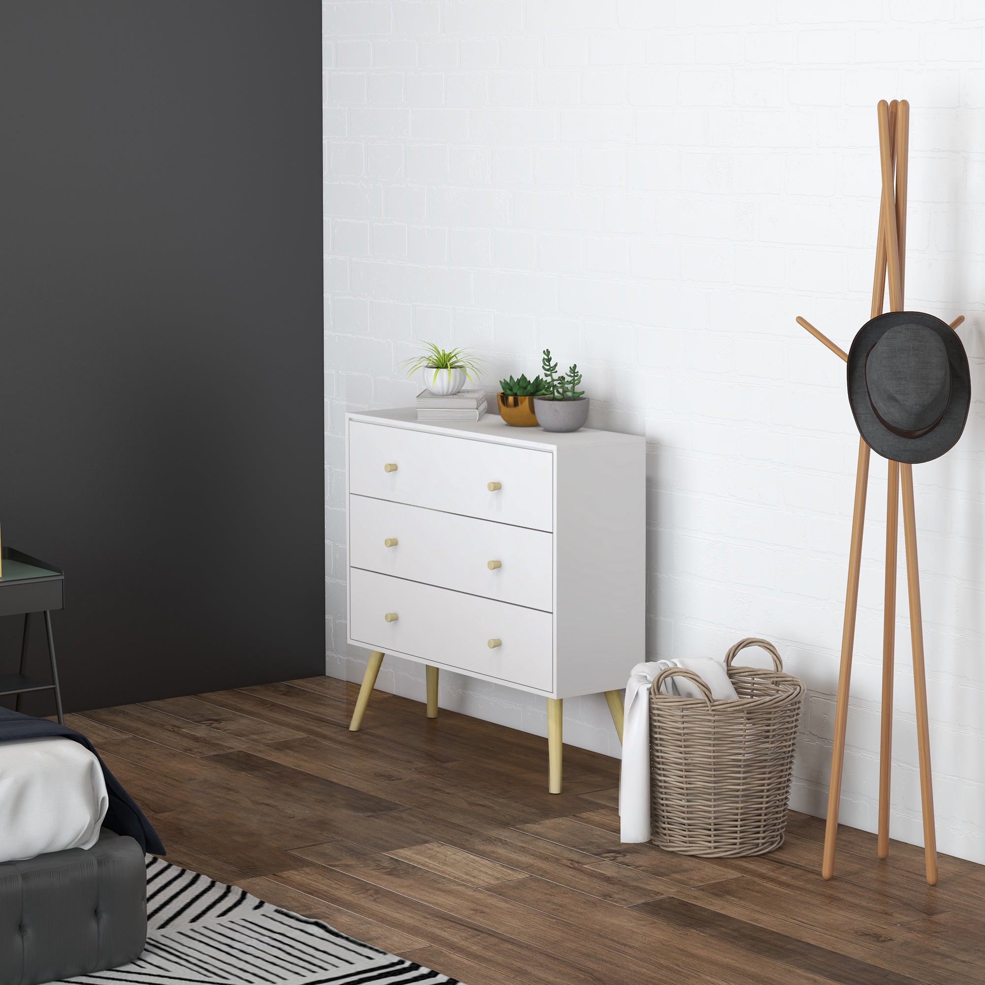 HOMCOM 3 Drawer Dresser, Chest of Drawers with Wood Legs and Handles for Living Room, White