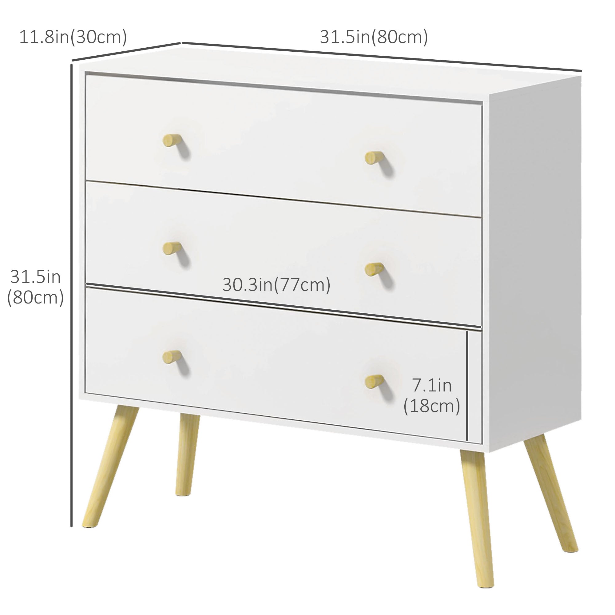 HOMCOM 3 Drawer Dresser, Chest of Drawers with Wood Legs and Handles for Living Room, White