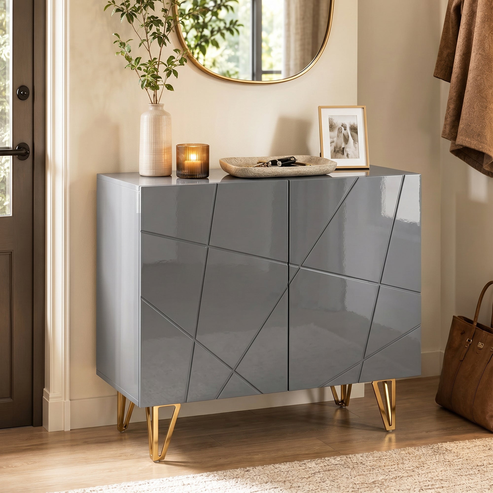 Storage Cabinet with High Gloss, Freestanding Sideboard with Adjustable Shelf, Soft-Close Doors and Gold Tone Hairpin Legs for Living Room, Dining Room, Hallway, Grey