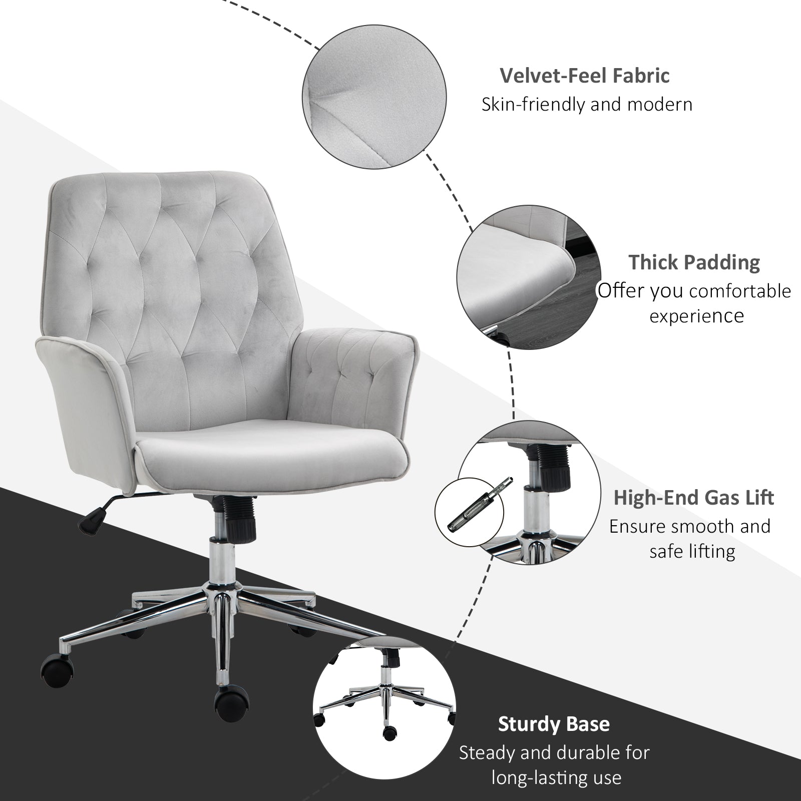 Vinsetto Office Desk Chair, Velvet-Feel Fabric Vanity Chair with Height Adjustable, Armrest, Swivel Chair for Home, Light Grey