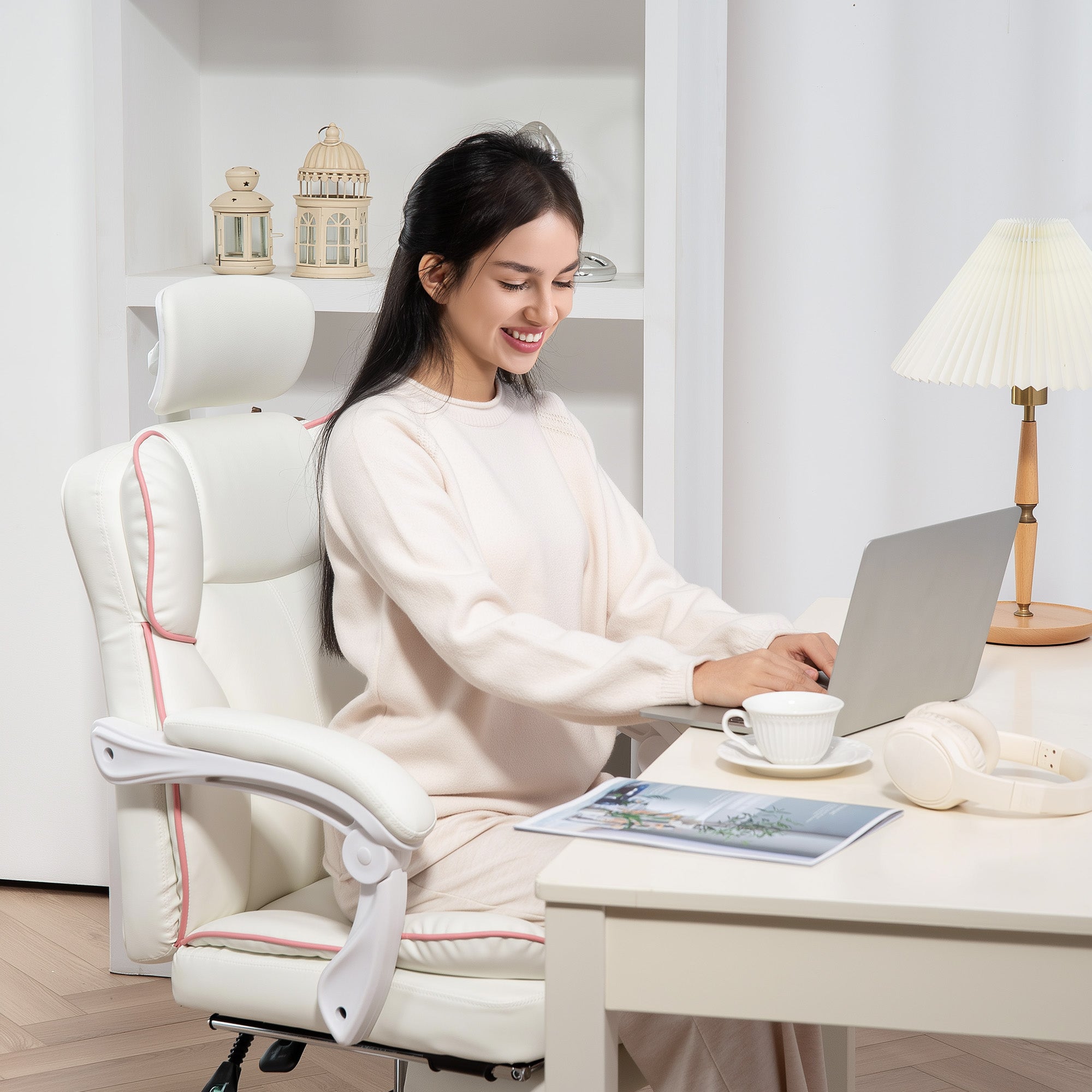 HOMCOM Executive Office Chair, High Back Desk Chair with Headrest, Swivel Wheels, Foot Rest, Overstuffed Reclining PU Leather Computer Chair for Home, White