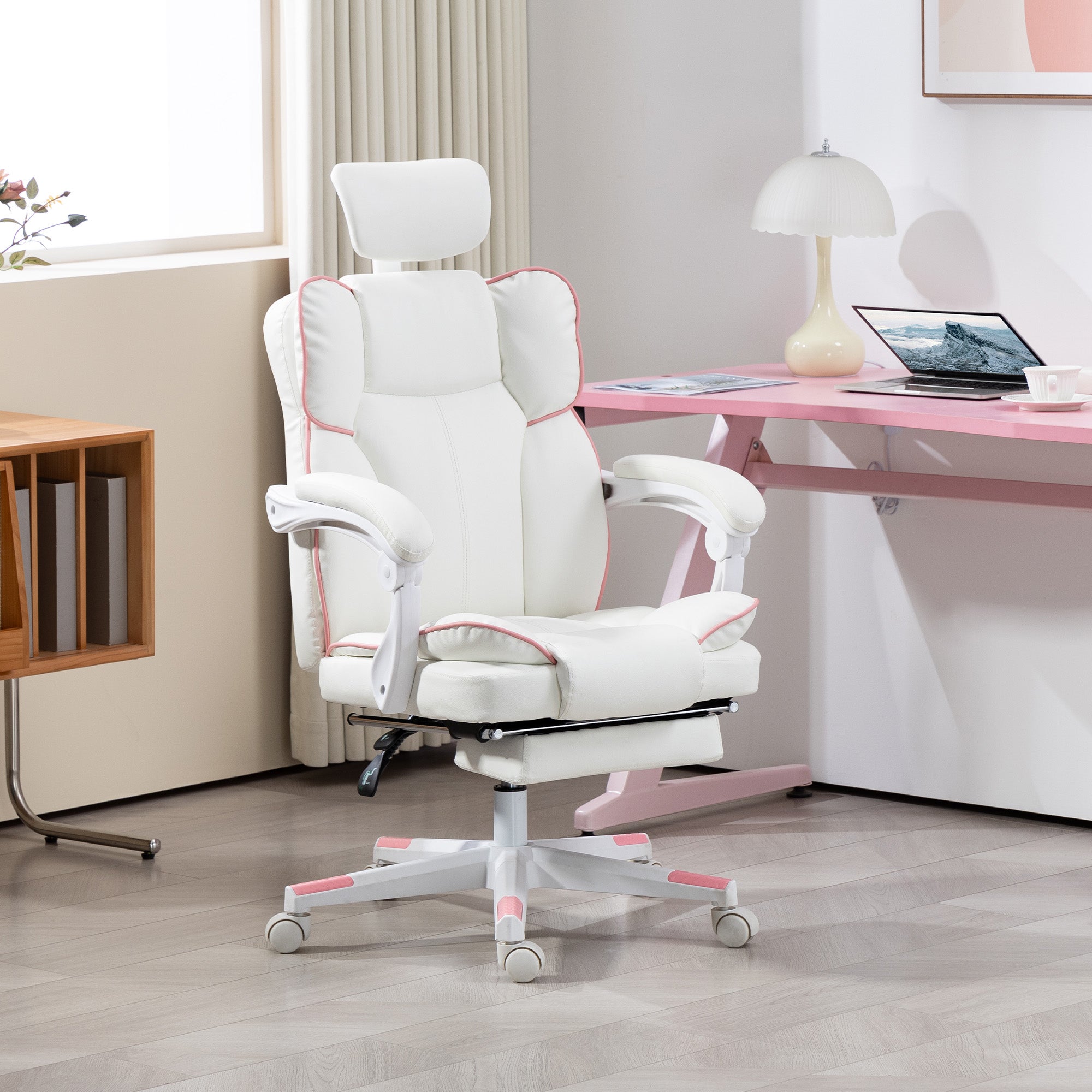 HOMCOM Executive Office Chair, High Back Desk Chair with Headrest, Swivel Wheels, Foot Rest, Overstuffed Reclining PU Leather Computer Chair for Home, White