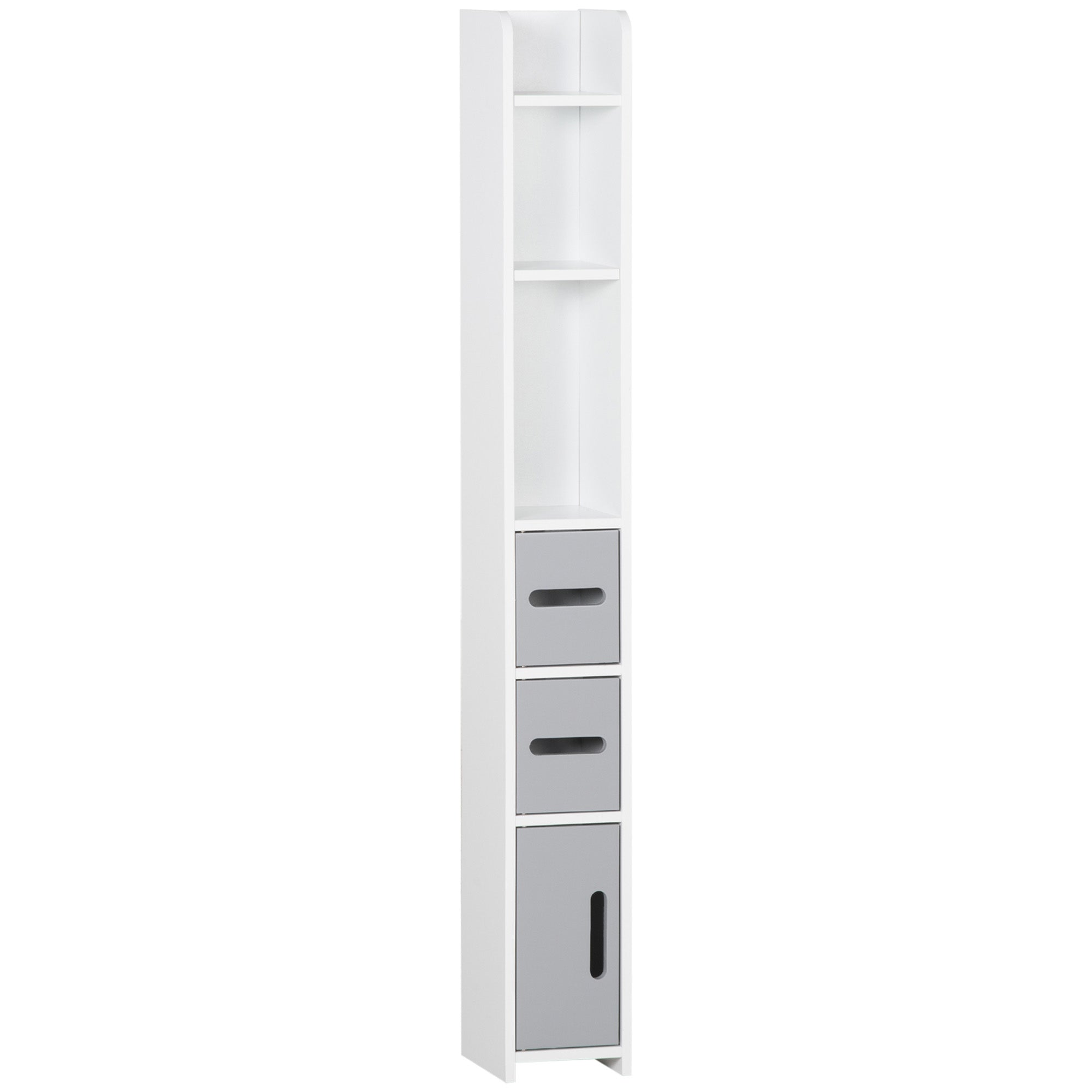 Narrow Bathroom Storage Cabinet, Freestanding Tall Bathroom Cabinet with Open Shelves and 3 Cupboards with Door for Bathroom, Grey and White