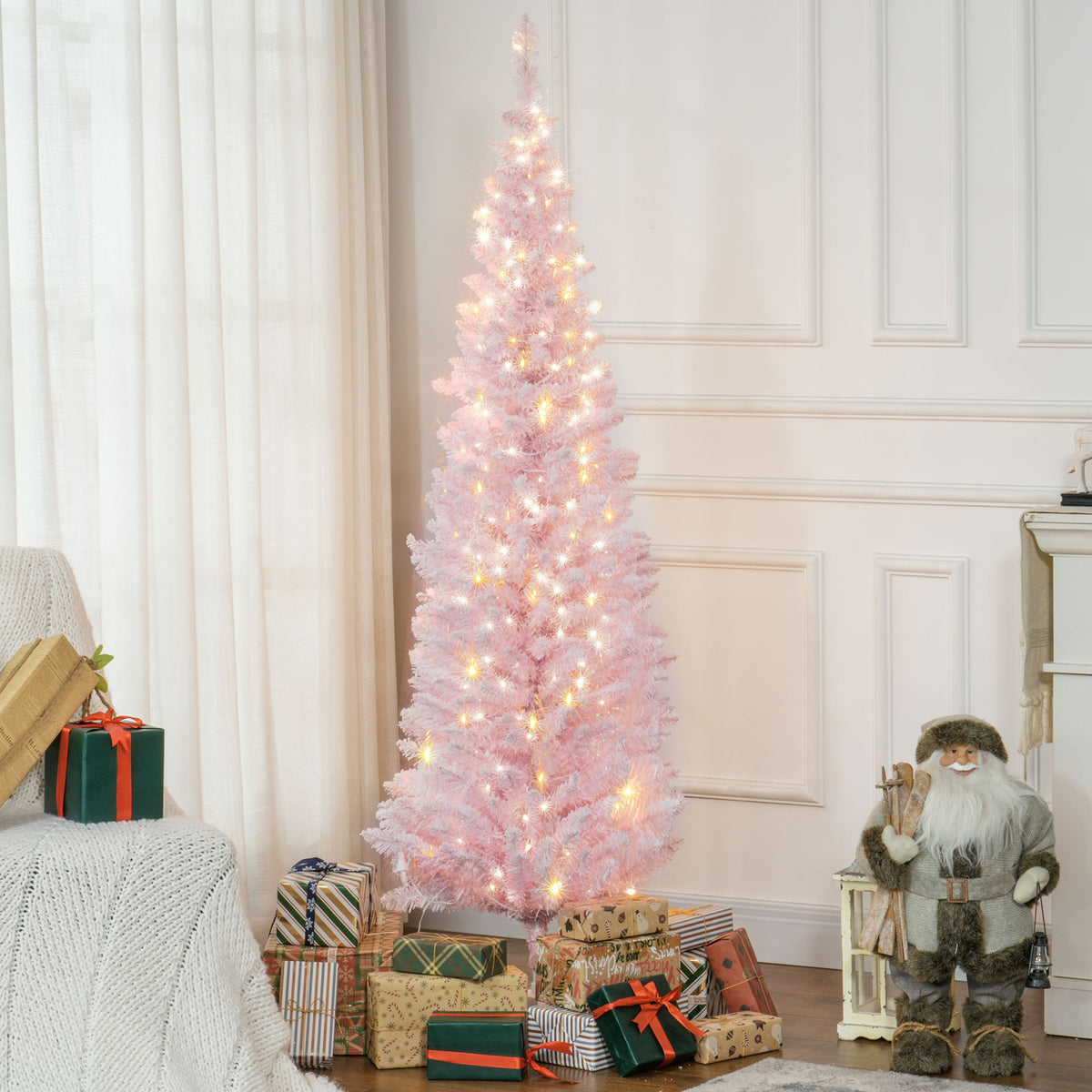 6' Tall Pre-Lit Slim Noble Fir Artificial Pencil Christmas Tree with 170 Warm White LED Lights and 390 Tips, for Christmas Decoration, Pink