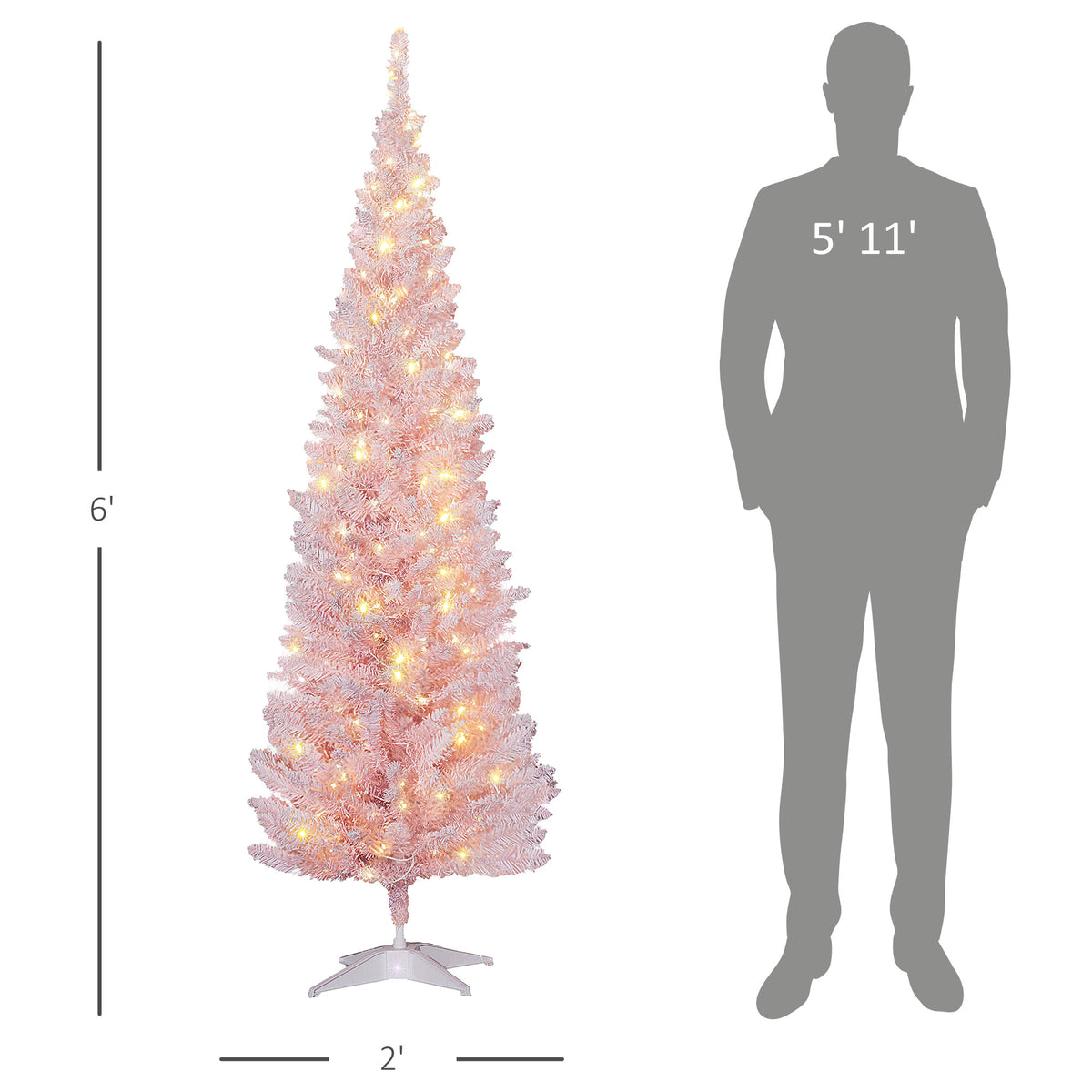 6' Tall Pre-Lit Slim Noble Fir Artificial Pencil Christmas Tree with 170 Warm White LED Lights and 390 Tips, for Christmas Decoration, Pink